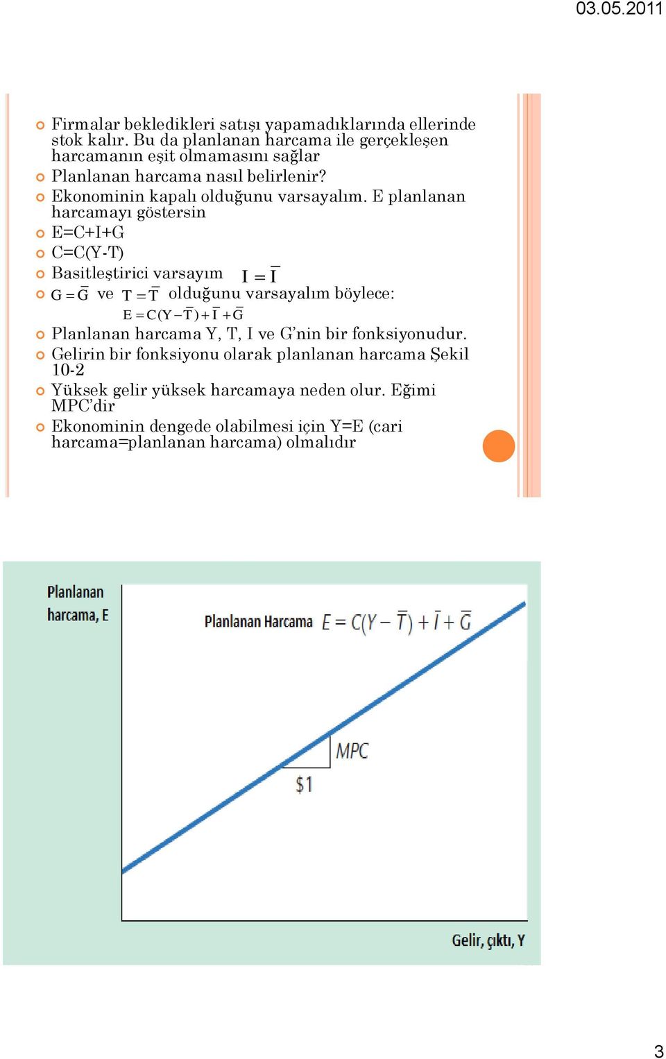 E planlanan harcamayı göstersin E=C+I+G C=C(Y-T) Basitleştirici varsayım I I G G ve T T olduğunu varsayalım böylece: E C( Y T ) I G Planlanan harcama