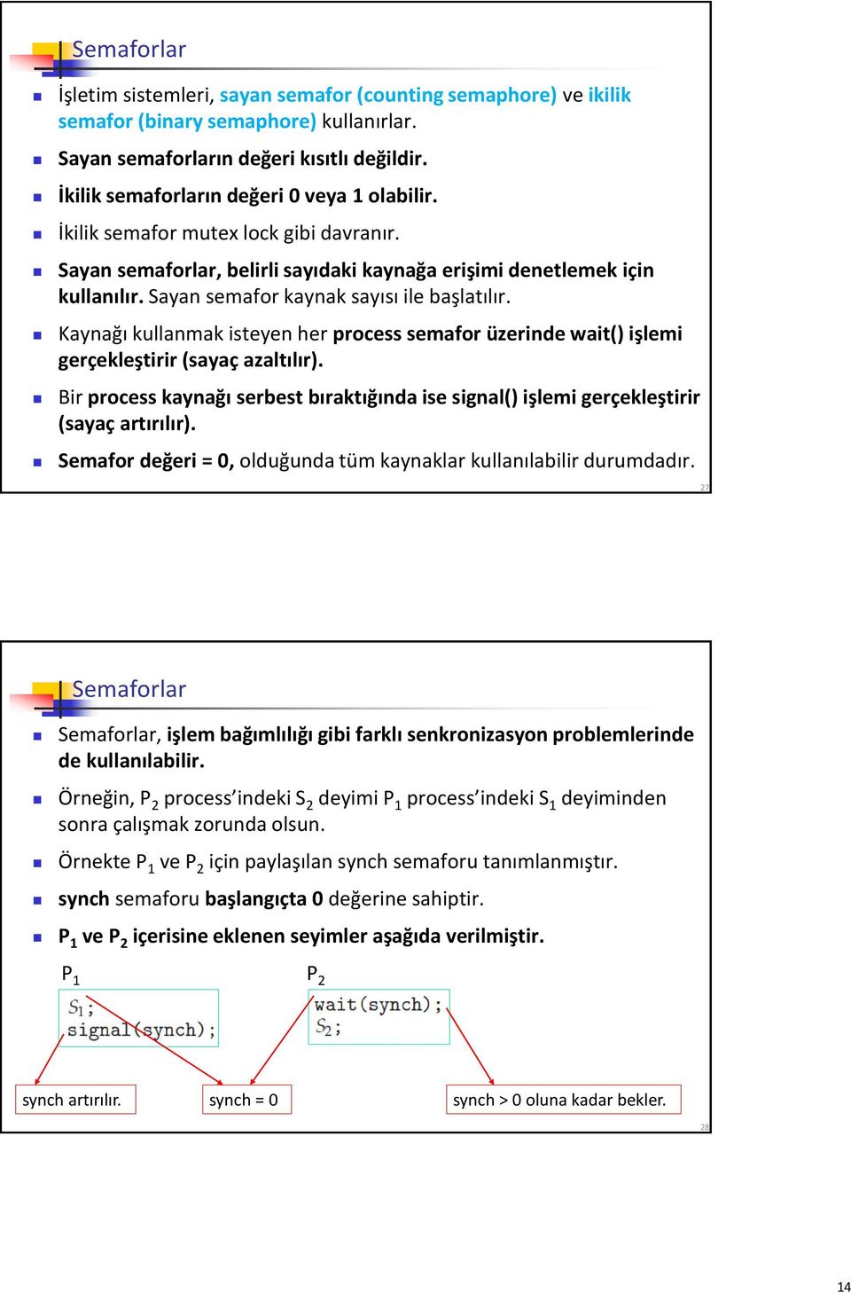 Sayan semafor kaynak sayısı ile başlatılır. Kaynağı kullanmak isteyen her process semafor üzerinde wait() işlemi gerçekleştirir (sayaç azaltılır).