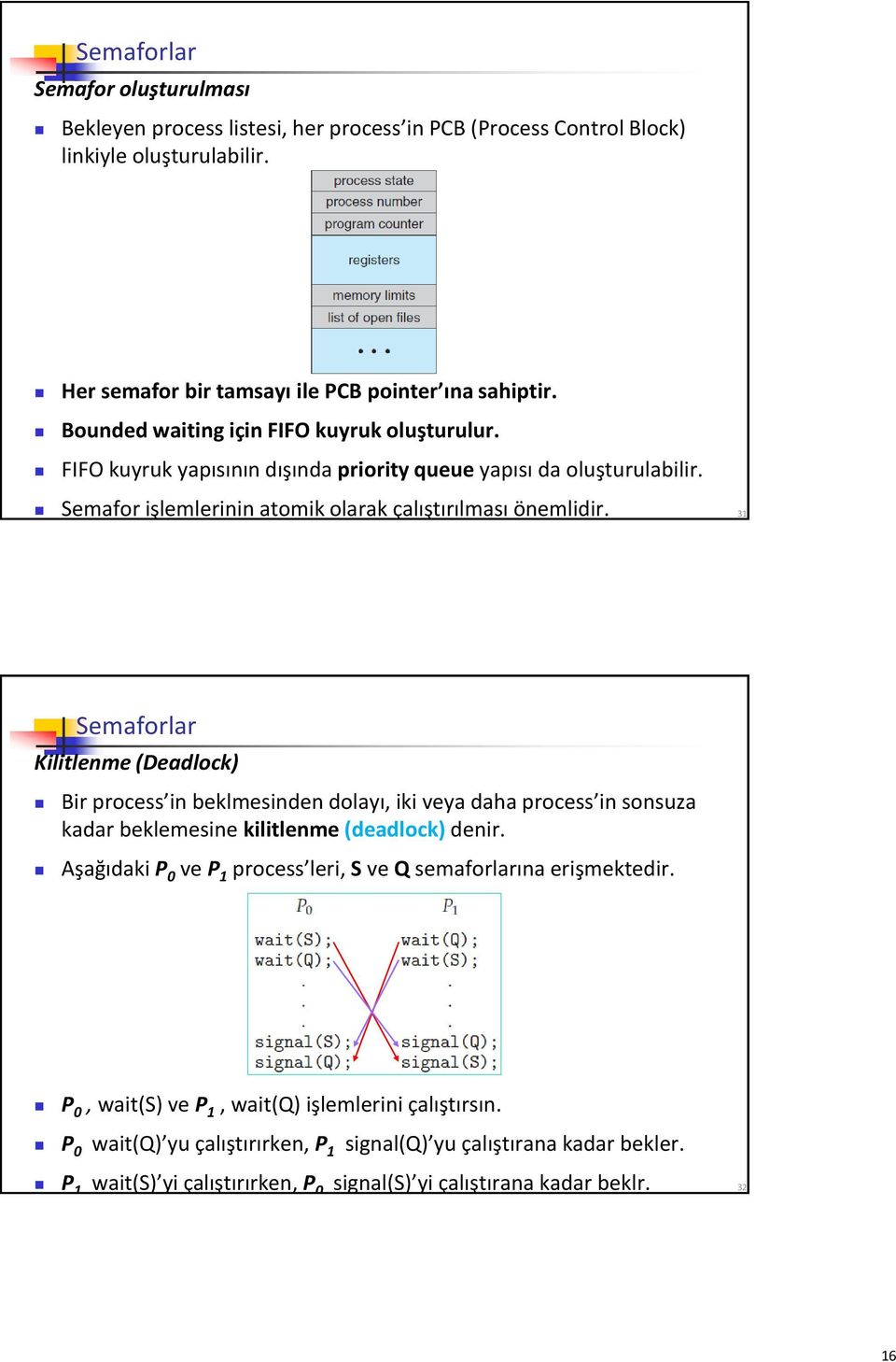 31 Semaforlar Kilitlenme (Deadlock) Bir process in beklmesinden dolayı, iki veya daha process in sonsuza kadar beklemesine kilitlenme (deadlock) denir.
