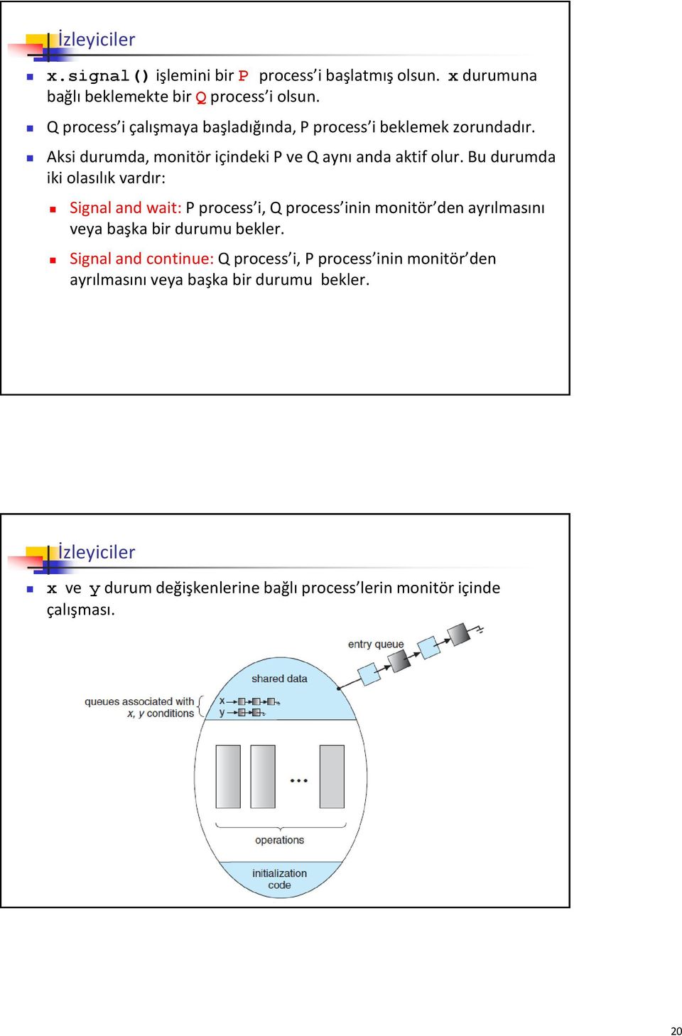 Bu durumda iki olasılık vardır: Signal and wait: P process i, Q process inin monitör den ayrılmasını veya başka bir durumu bekler.