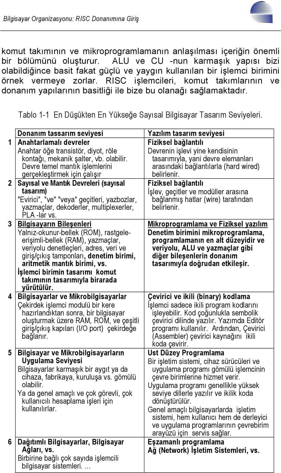 RISC işlemcileri, komut takımlarının ve donanım yapılarının basitliği ile bize bu olanağı sağlamaktadır. Tablo - En Düşükten En Yükseğe Sayısal Bilgisayar Tasarım Seviyeleri.