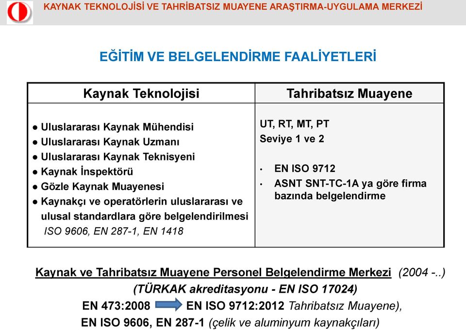 EN 1418 UT, RT, MT, PT Seviye 1 ve 2 EN ISO 9712 ASNT SNT-TC-1A ya göre firma bazında belgelendirme Kaynak ve Tahribatsız Muayene Personel Belgelendirme