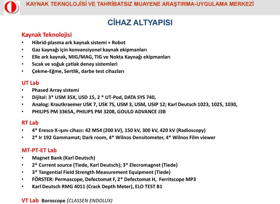 USIP 12; Karl Deutsch 1023, 1025, 1030, PHILIPS PM 3365A, PHILIPS PM 3208, GOULD ADVANCE J3B RT Lab 4* Eresco X-ışını cihazı: 42 MS4 (200 kv), 150 kv, 300 kv, 420 kv (Radioscopy) 2* Ir 192 Gammamat;