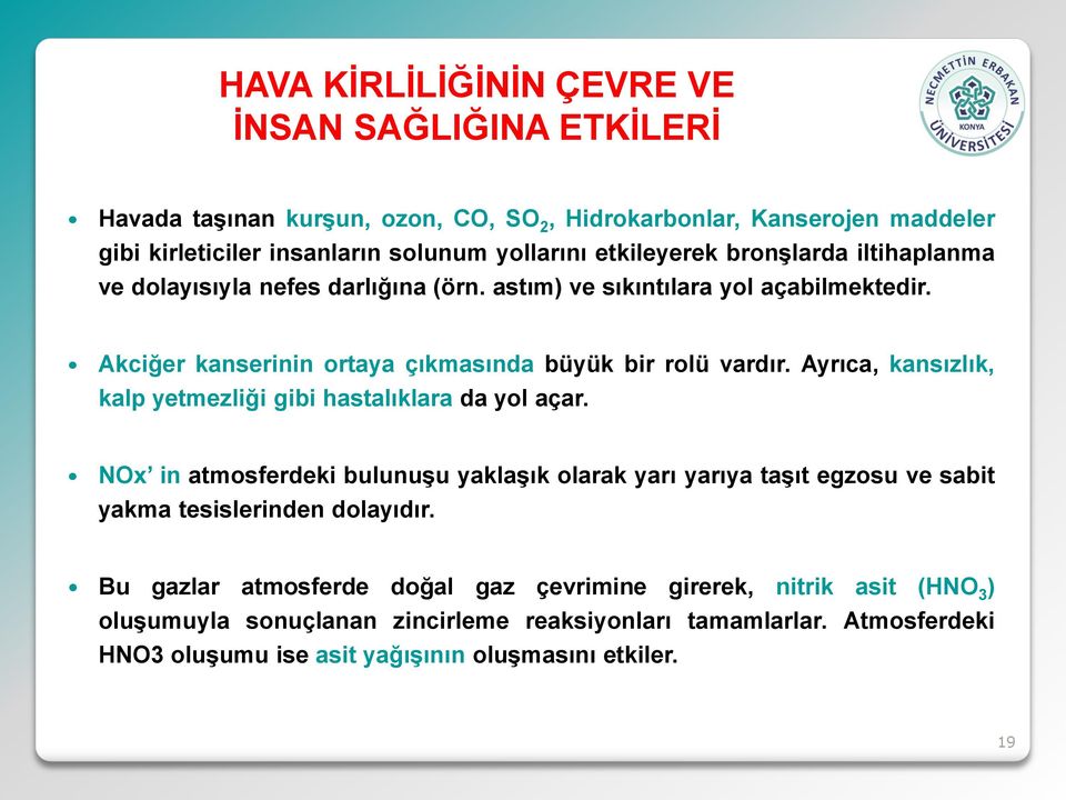 Ayrıca, kansızlık, kalp yetmezliği gibi hastalıklara da yol açar. NOx in atmosferdeki bulunuşu yaklaşık olarak yarı yarıya taşıt egzosu ve sabit yakma tesislerinden dolayıdır.