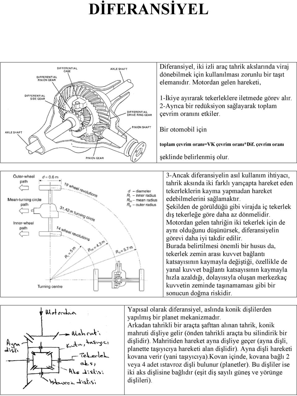 3-Ancak diferansiyelin asıl kullanım ihtiyacı, tahrik aksında iki farklı yarıçapta hareket eden tekerleklerin kayma yapmadan hareket edebilmelerini sağlamaktır.