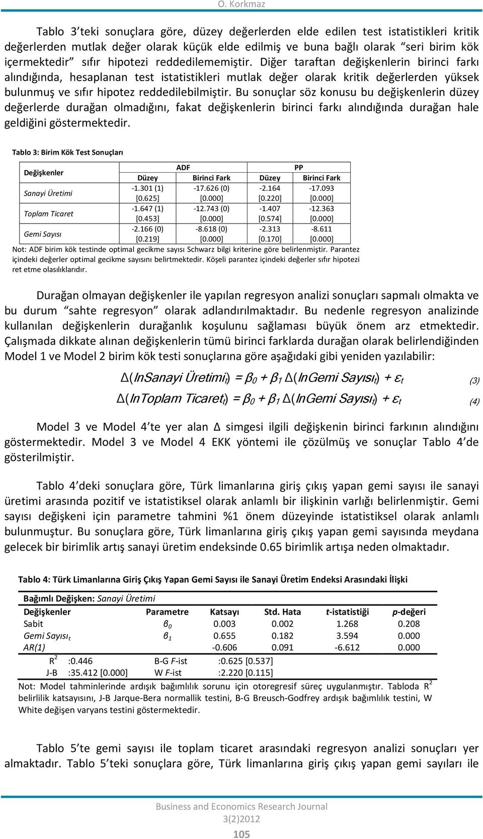 Diğer taraftan değişkenlerin birinci farkı alındığında, hesaplanan test istatistikleri mutlak değer olarak kritik değerlerden yüksek bulunmuş ve sıfır hipotez reddedilebilmiştir.