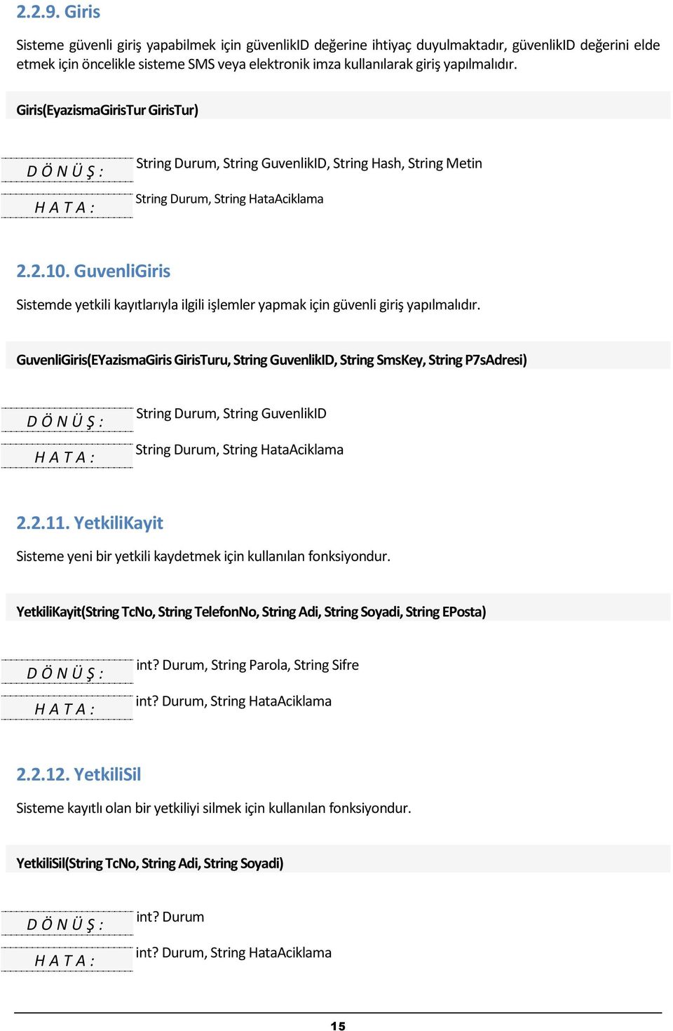 Giris(EyazismaGirisTur GirisTur) String Durum, String GuvenlikID, String Hash, String Metin String Durum, String HataAciklama 2.2.10.