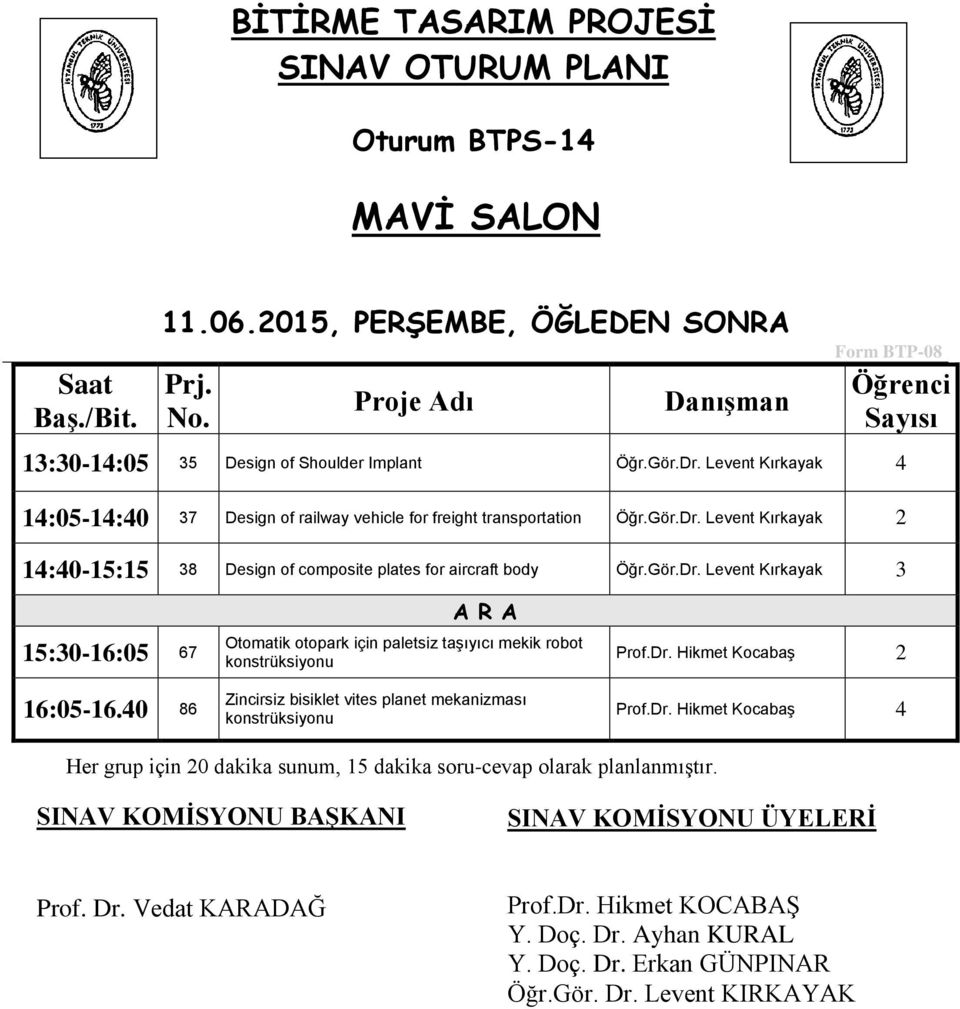 Levent Kırkayak 14:40-15:15 8 Design of composite plates for aircraft body Öğr.Gör.Dr. Levent Kırkayak 15:0-16:05 67 16:05-16.