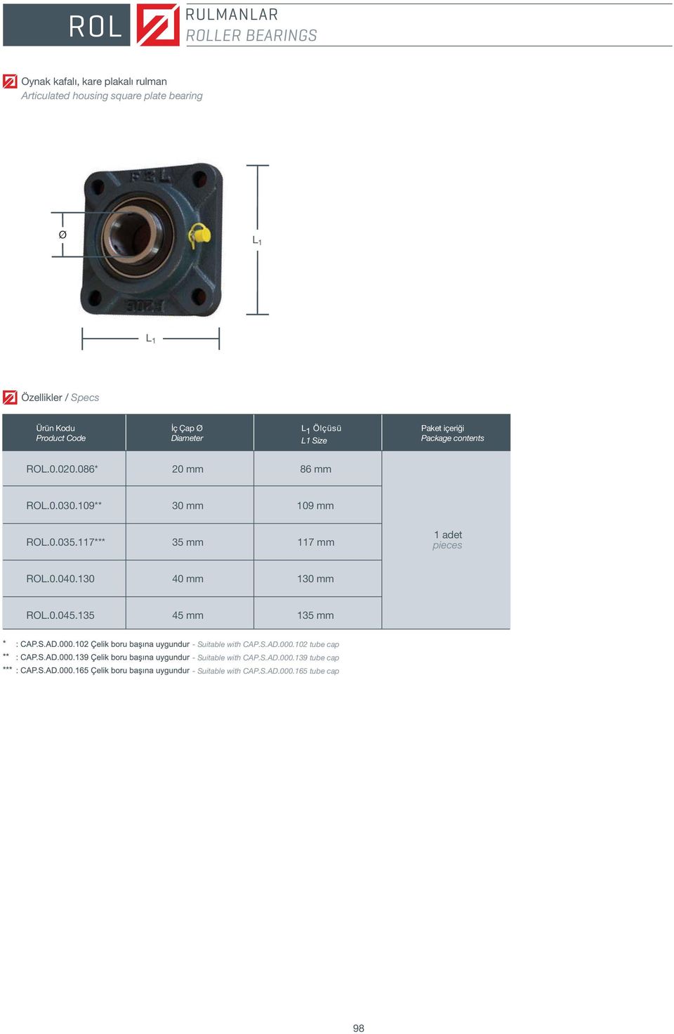 117*** 35 mm 117 mm 1 adet ROL.0.040.130 40 mm 130 mm ROL.0.045.135 45 mm 135 mm - Suitable with CAP.S.AD.