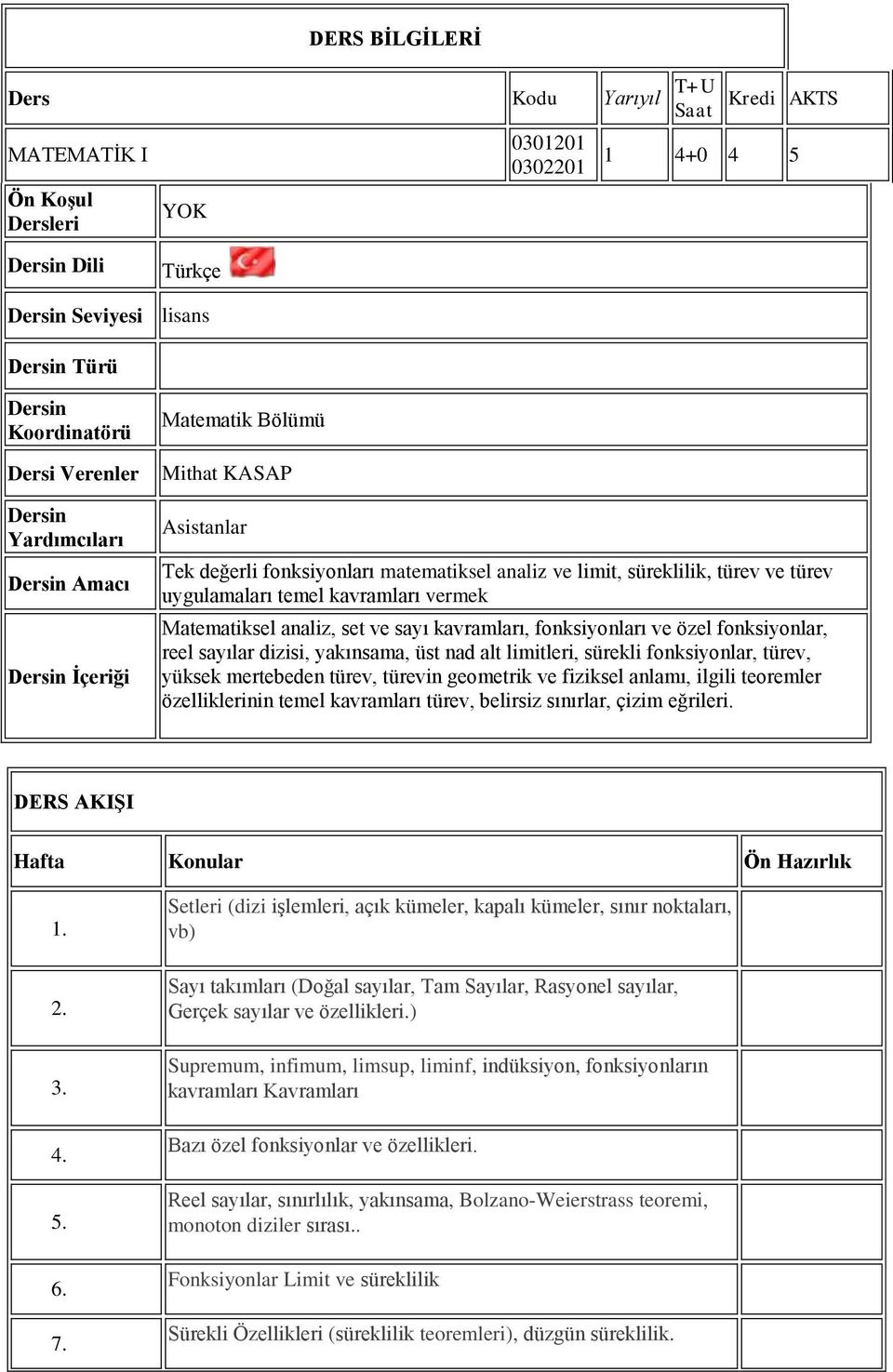 kavramları vermek Matematiksel analiz, set ve sayı kavramları, fonksiyonları ve özel fonksiyonlar, reel sayılar dizisi, yakınsama, üst nad alt limitleri, sürekli fonksiyonlar, türev, yüksek