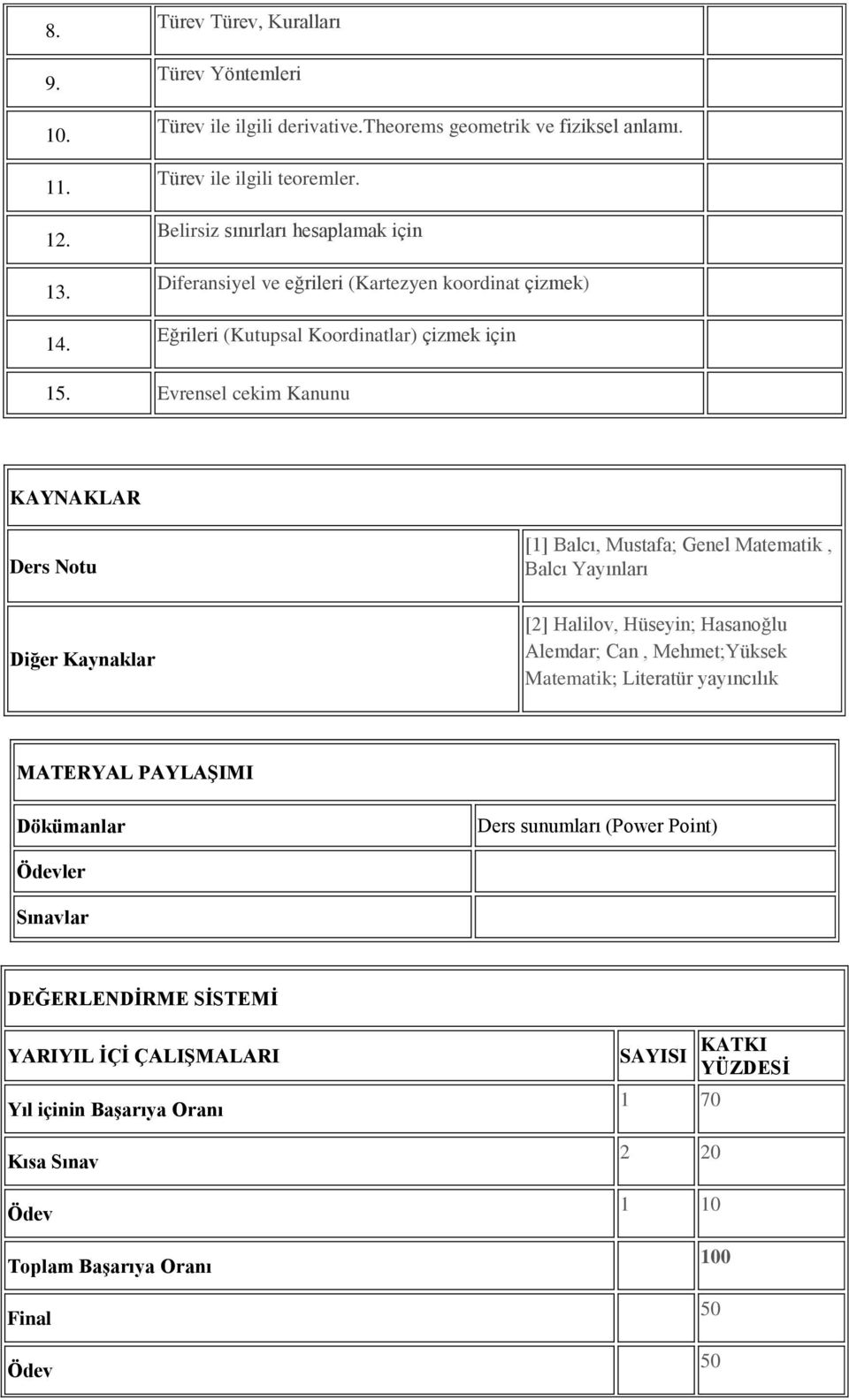 Evrensel cekim Kanunu KAYNAKLAR Ders Notu [1] Balcı, Mustafa; Genel Matematik, Balcı Yayınları Diğer Kaynaklar [2] Halilov, Hüseyin; Hasanoğlu Alemdar; Can, Mehmet;Yüksek Matematik;