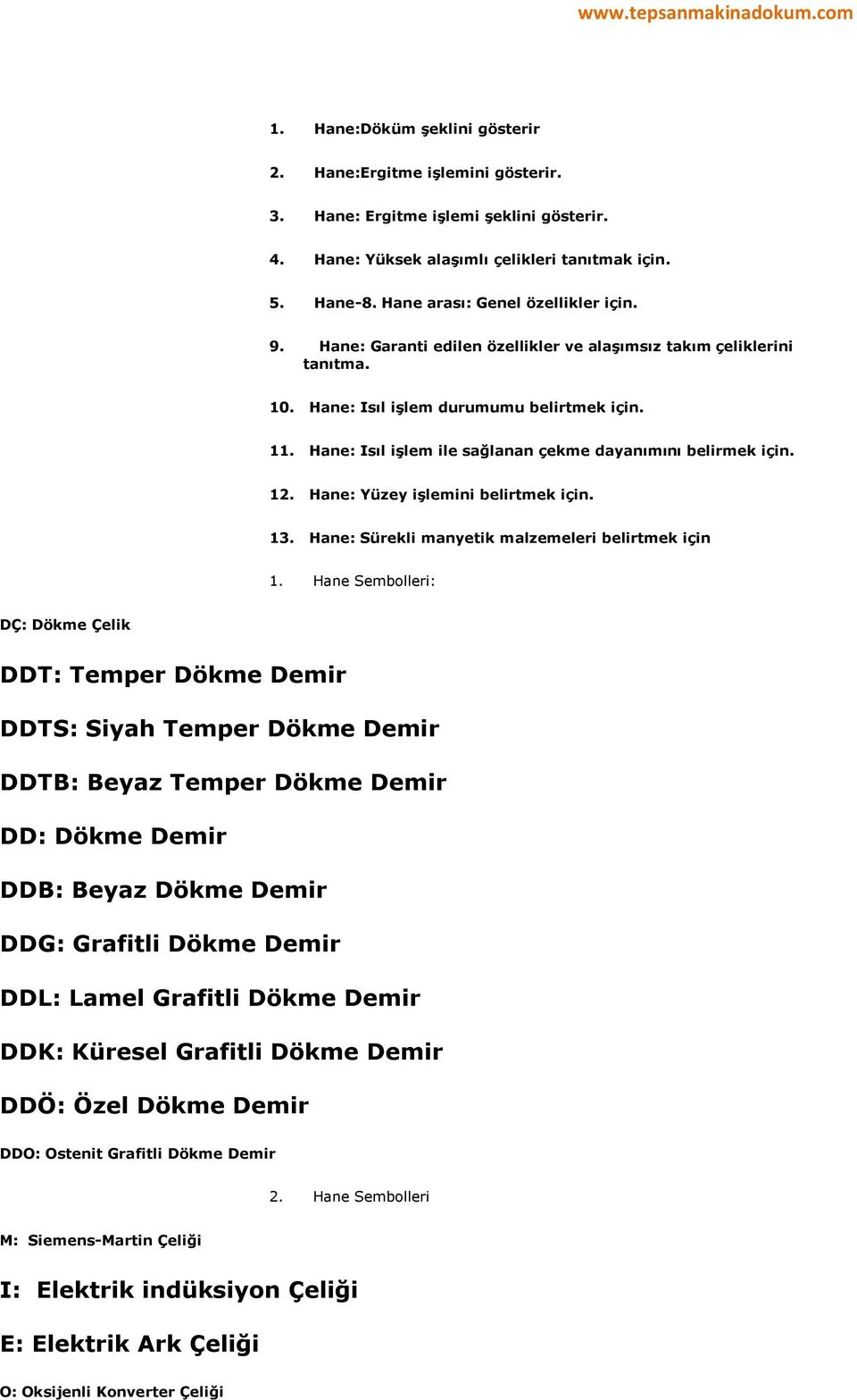 Hane: Isıl işlem ile sağlanan çekme dayanımını belirmek için. 12. Hane: Yüzey işlemini belirtmek için. 13. Hane: Sürekli manyetik malzemeleri belirtmek için 1.