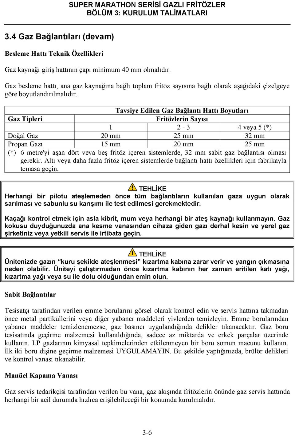 Tavsiye Edilen Gaz Bağlantı Hattı Boyutları Gaz Tipleri Fritözlerin Sayısı 1 2-3 4 veya 5 (*) Doğal Gaz 20 mm 25 mm 32 mm Propan Gazı 15 mm 20 mm 25 mm (*) 6 metre'yi aşan dört veya beş fritöz içeren