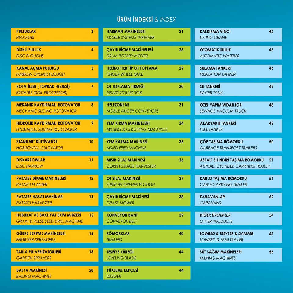 PROCESSOR) OT TOPLAMA TIRMIĞI 30 GRASS COLLECTOR SU TANKERİ 47 WATER TANK MEKANİK KAYDIRMALI ROTOVATOR 8 MECHANIC SLIDING ROTOVATOR HELEZONLAR 31 MOBILE AUGER CONVEYORS ÖZEL YAPIM VİDANJÖR 48 SEWAGE
