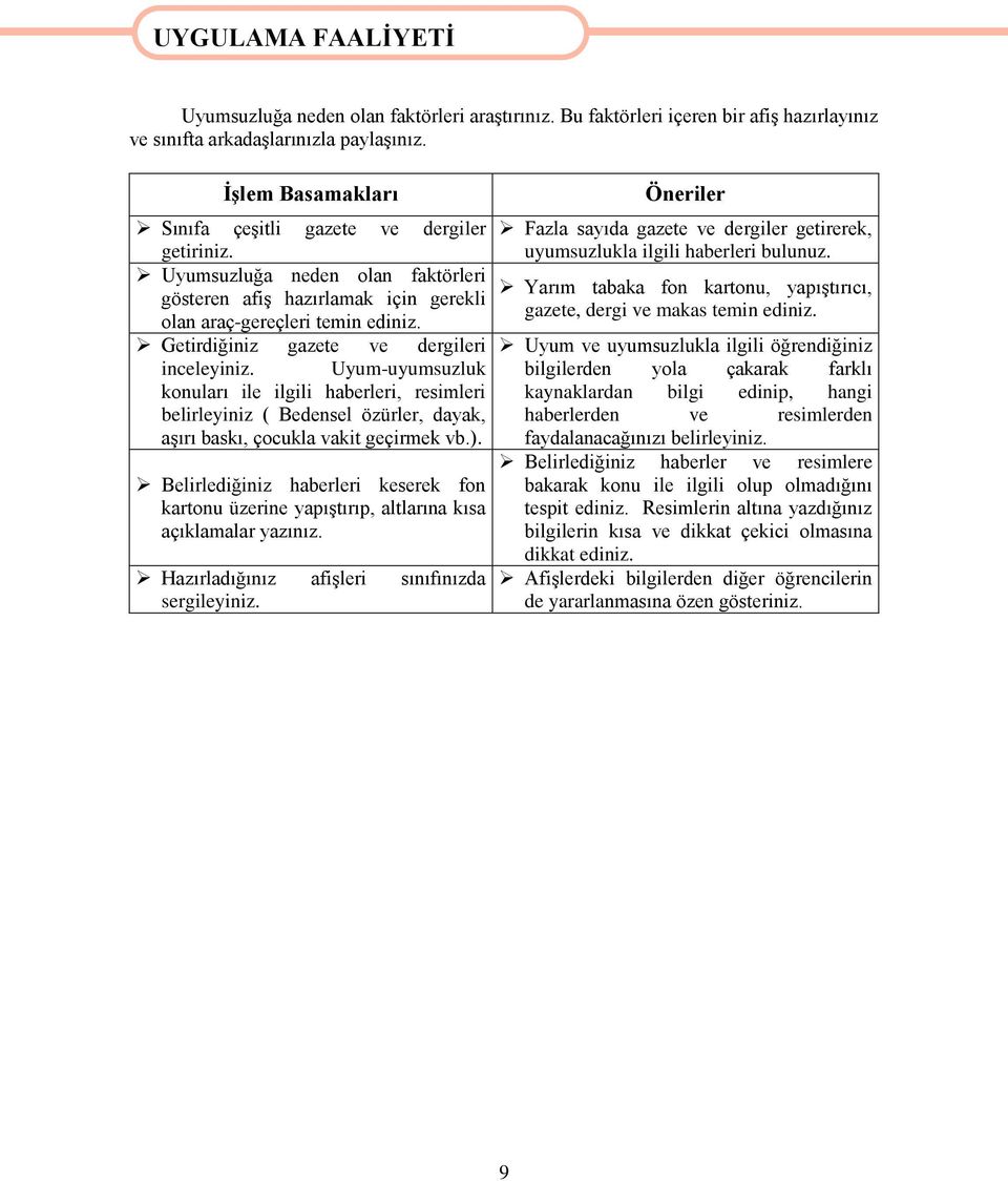 Getirdiğiniz gazete ve dergileri inceleyiniz. Uyum-uyumsuzluk konuları ile ilgili haberleri, resimleri belirleyiniz ( Bedensel özürler, dayak, aşırı baskı, çocukla vakit geçirmek vb.).