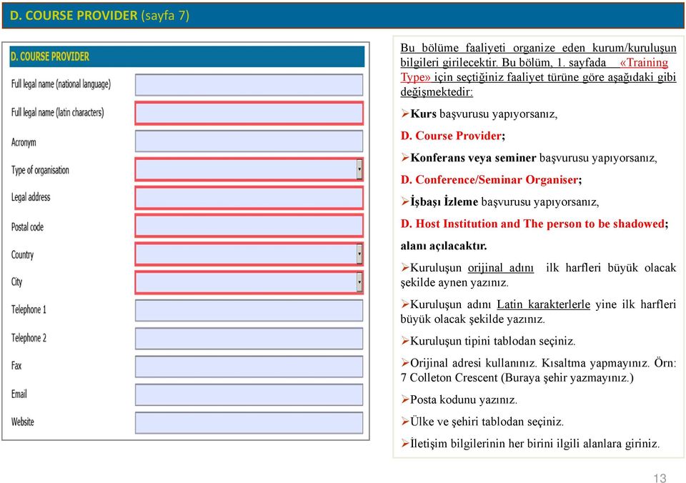 Conference/Seminar Organiser; İşbaşı İzleme başvurusu yapıyorsanız, D. Host Institution and The person to be shadowed; alanı açılacaktır. Kuruluşun orijinal adını şekilde aynen yazınız.