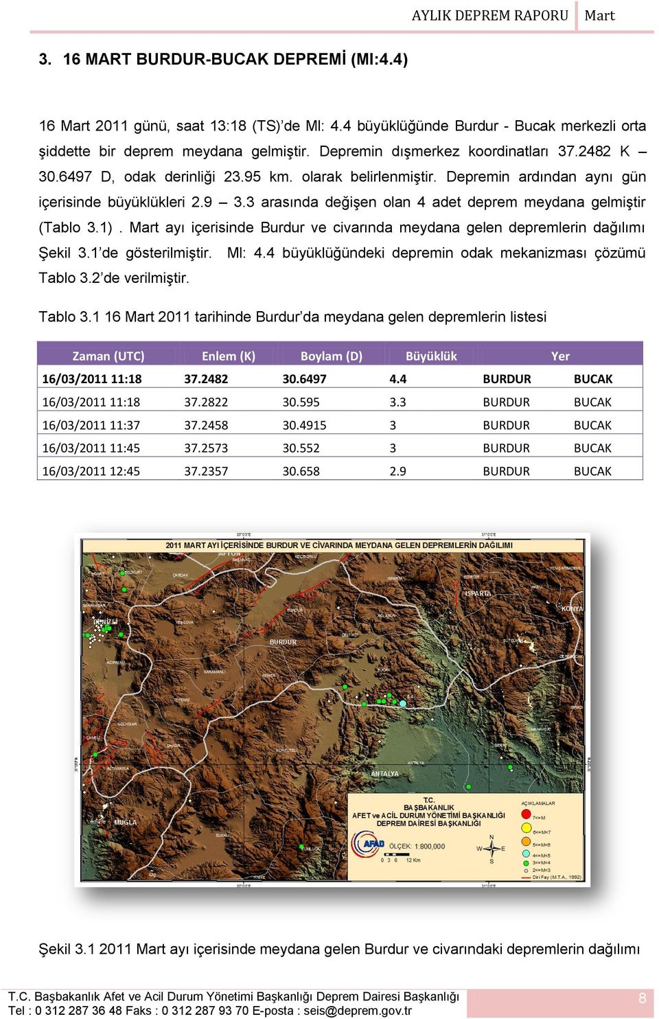 3 arasında değişen olan 4 adet deprem meydana gelmiştir (Tablo 3.1). Mart ayı içerisinde Burdur ve civarında meydana gelen depremlerin dağılımı Şekil 3.1 de gösterilmiştir. Ml: 4.