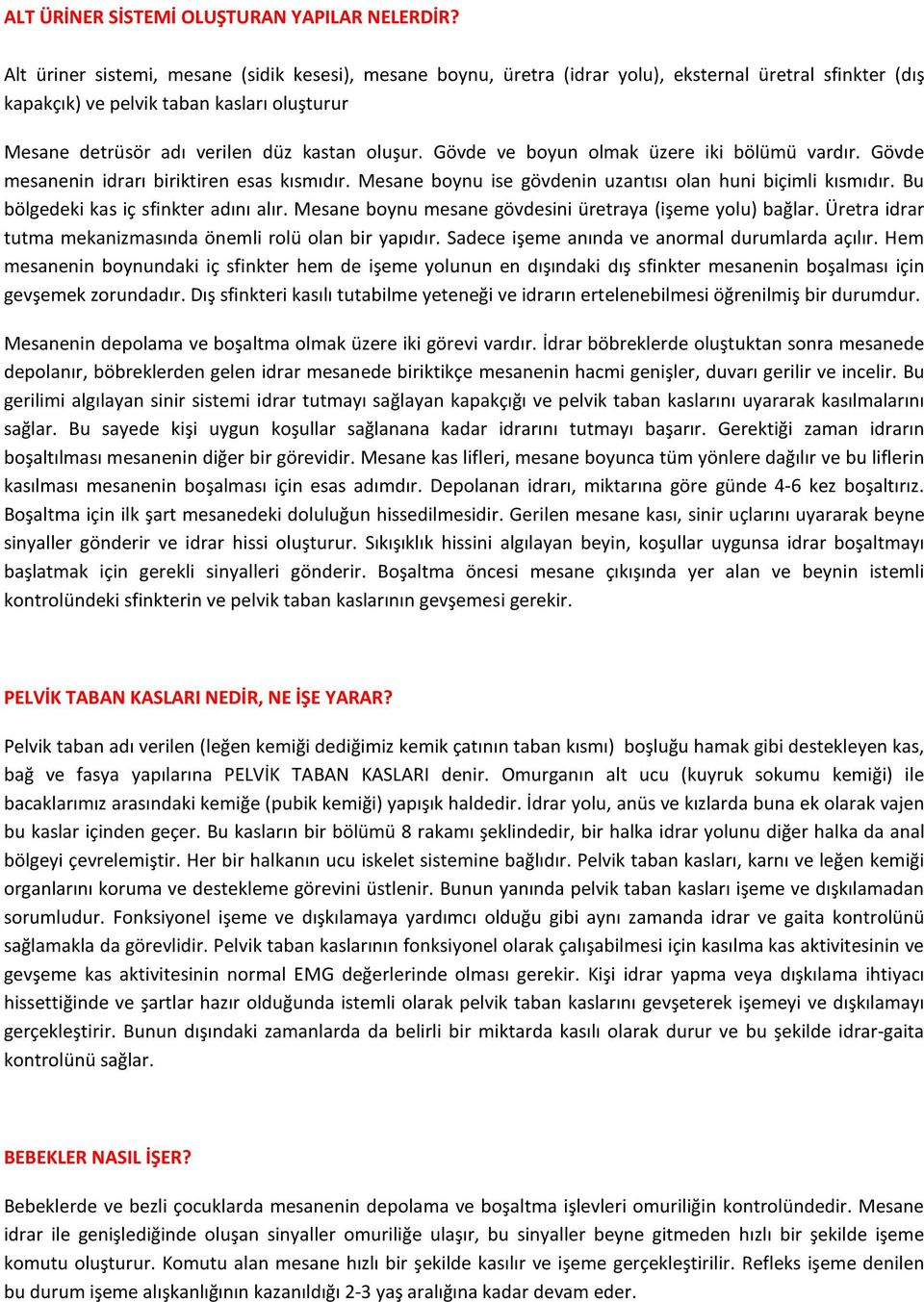 Gövde ve boyun olmak üzere iki bölümü vardır. Gövde mesanenin idrarı biriktiren esas kısmıdır. Mesane boynu ise gövdenin uzantısı olan huni biçimli kısmıdır. Bu bölgedeki kas iç sfinkter adını alır.