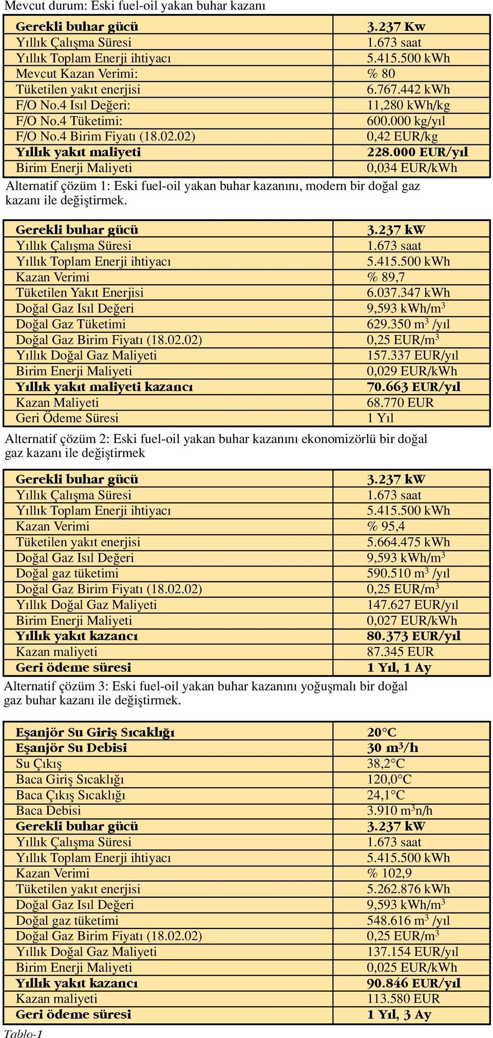 000 EUR/y l Birim Enerji Maliyeti 0,034 EUR/kWh Alternatif çözüm 1: Eski fuel-oil yakan buhar kazan n, modern bir do al gaz kazan ile de ifltirmek. Gerekli buhar gücü 3.37 kw Y ll k Çal flma Süresi 1.