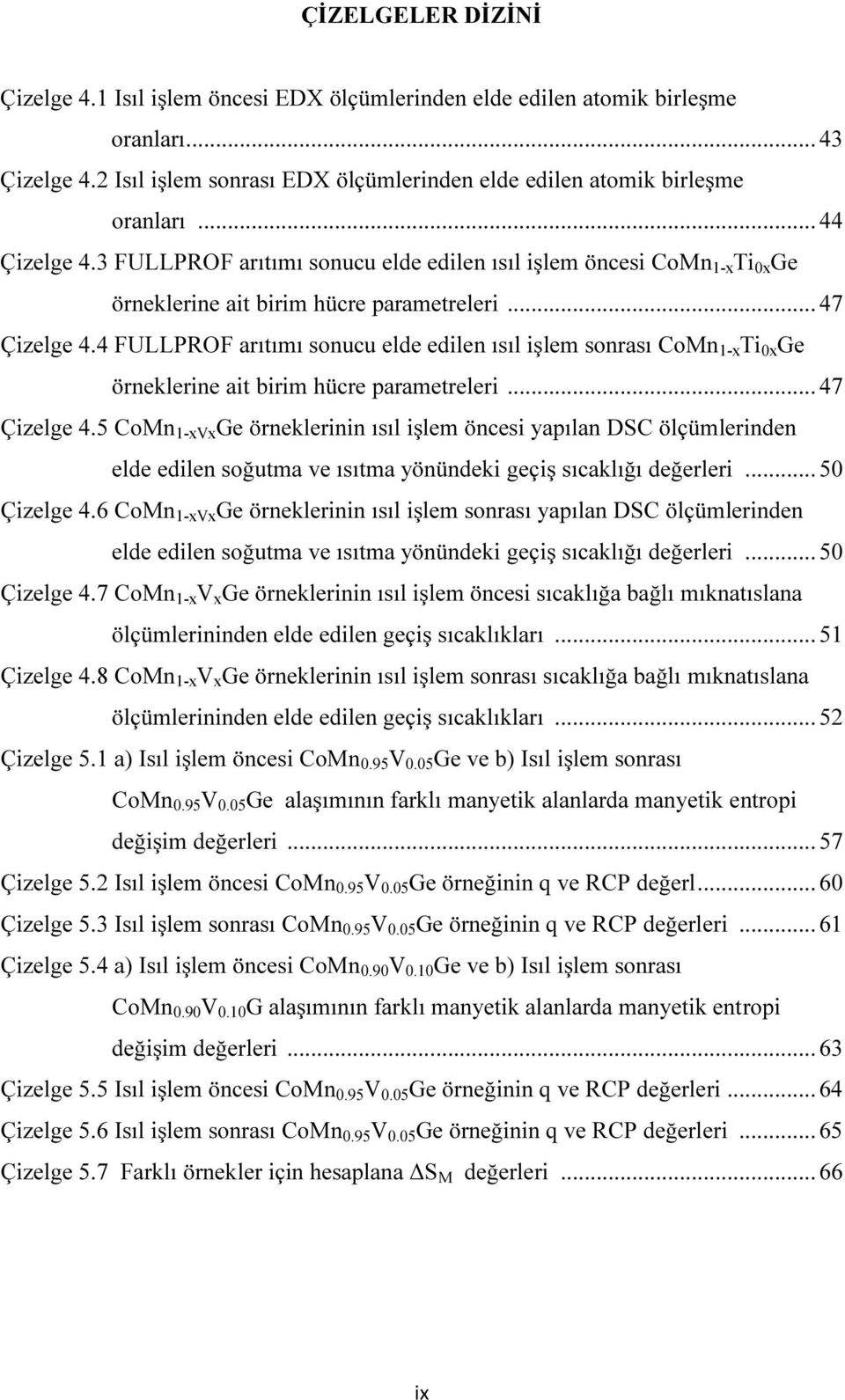 4 FULLPROF arıtımı sonucu elde edilen ısıl işlem sonrası CoMn 1-x Ti 0x Ge örneklerine ait birim hücre parametreleri... 47 Çizelge 4.