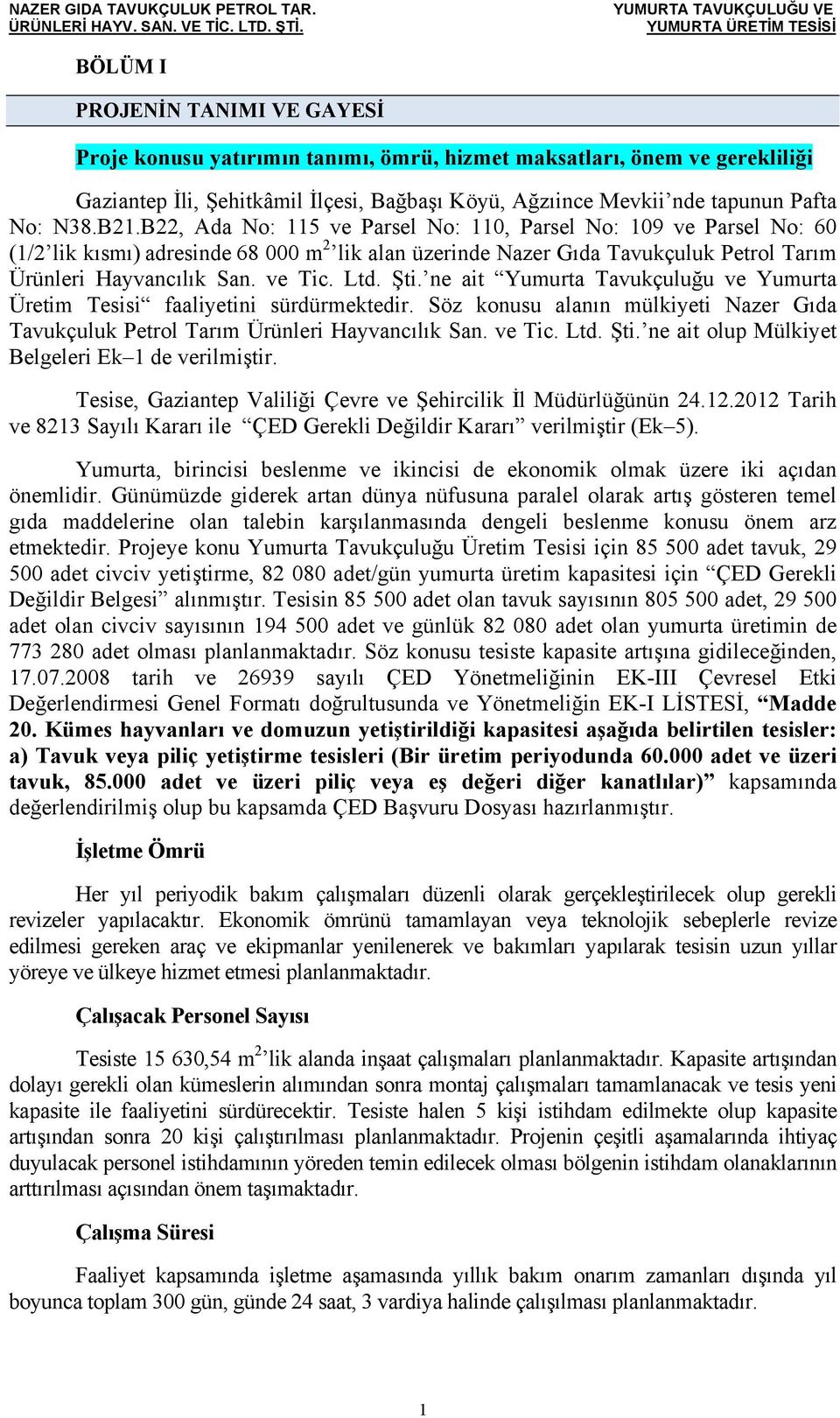 Şti. ne ait Yumurta Tavukçuluğu ve Yumurta Üretim Tesisi faaliyetini sürdürmektedir. Söz konusu alanın mülkiyeti Nazer Gıda Tavukçuluk Petrol Tarım Ürünleri Hayvancılık San. ve Tic. Ltd. Şti.