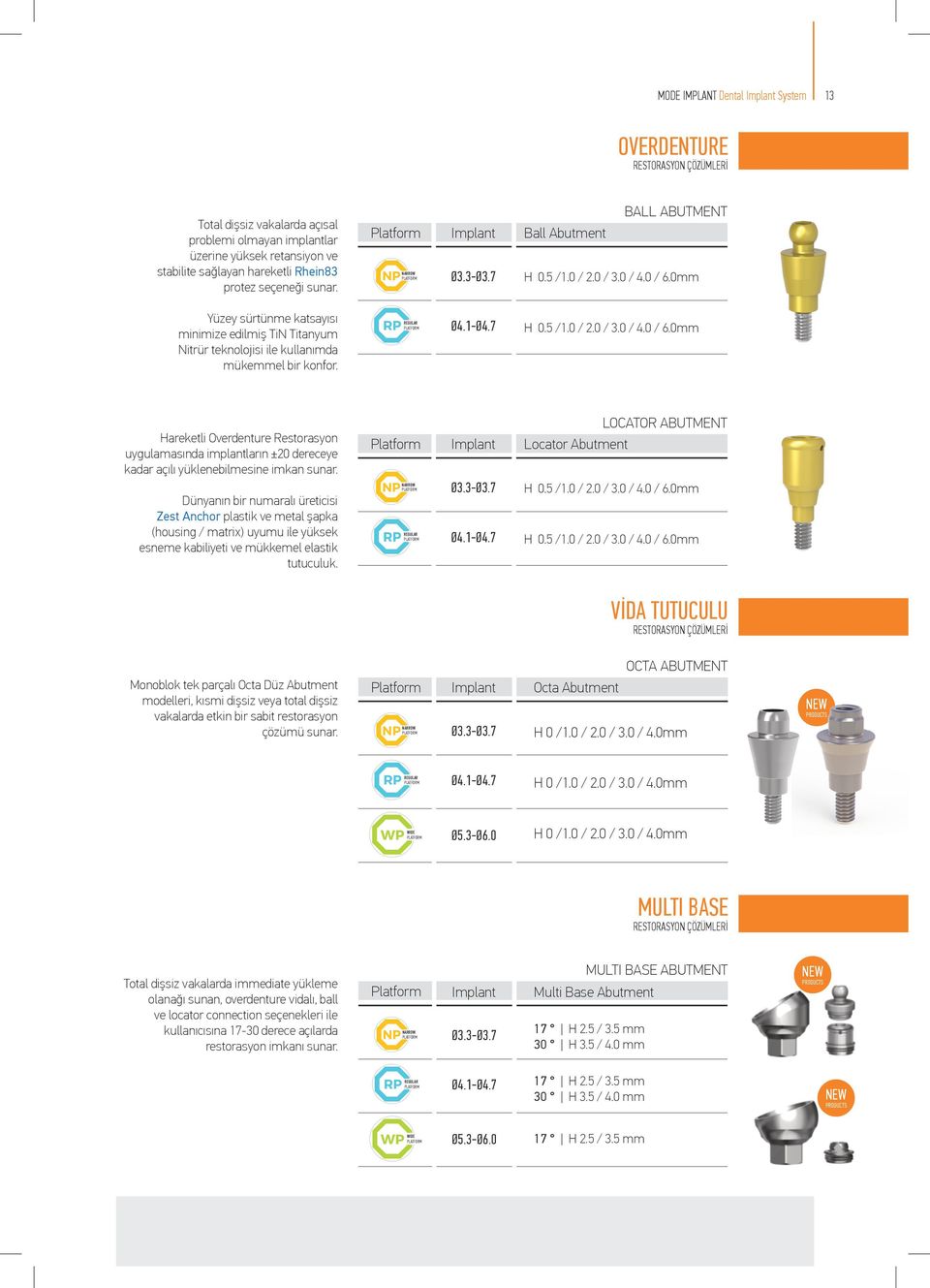 REGULAR Ø4.1Ø4.7 H 0.5 /1.0 / 2.0 / 3.0 / 4.0 / 6.0mm Hareketli Overdenture Restorasyon uygulamasında implantların ±20 dereceye kadar açılı yüklenebilmesine imkan sunar.