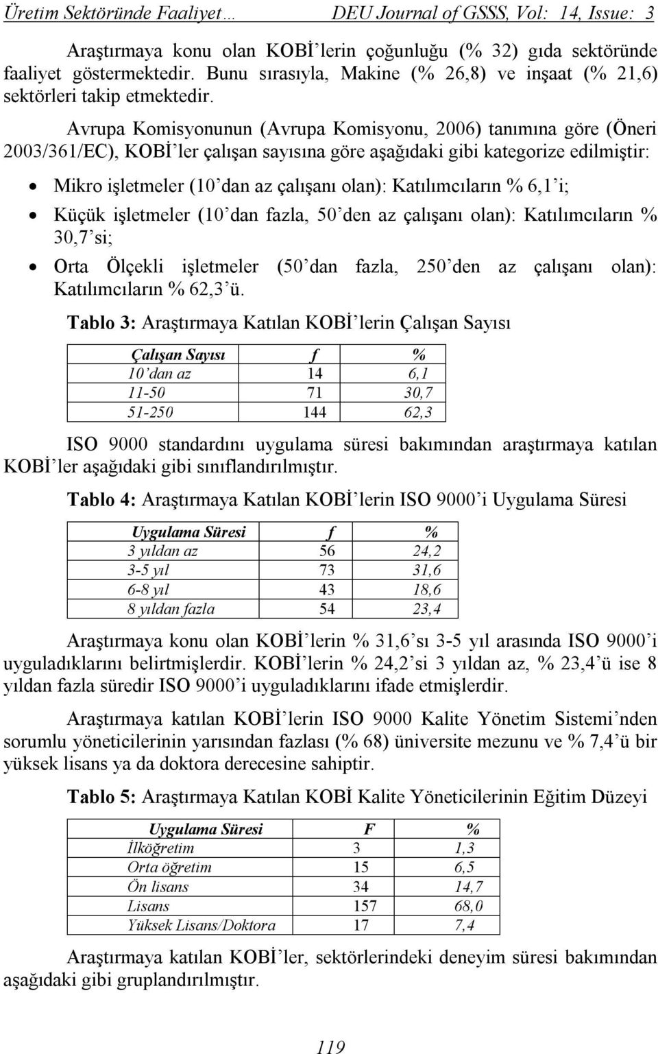 Avrupa Komisyonunun (Avrupa Komisyonu, 2006) tanımına göre (Öneri 2003/361/EC), KOBİ ler çalışan sayısına göre aşağıdaki gibi kategorize edilmiştir: Mikro işletmeler (10 dan az çalışanı olan):