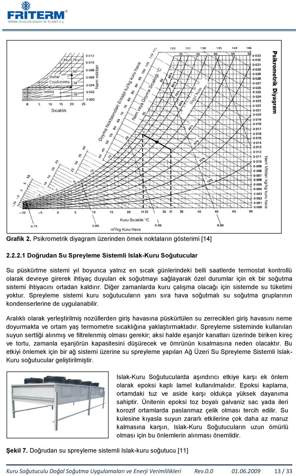 2.2.1 Doğrudan Su Spreyleme Sistemli IslakKuru Soğutucular Su püskürtme sistemi yıl boyunca yalnız en sıcak günlerindeki belli saatlerde termostat kontrollü olarak devreye girerek ihtiyaç duyulan ek