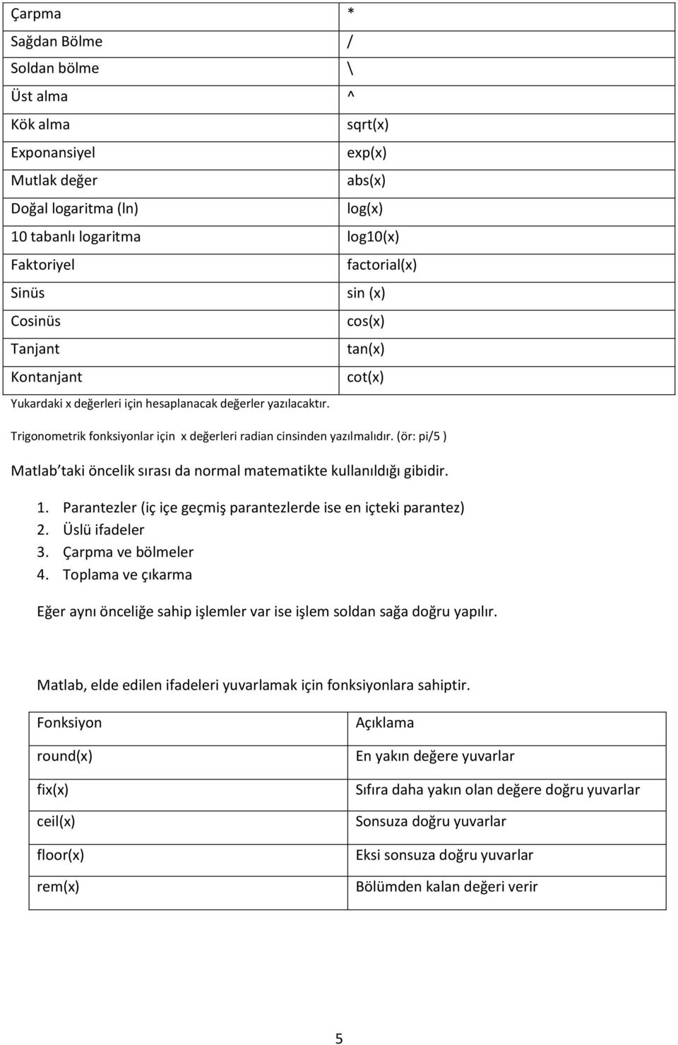 (ör: pi/5 ) Matlab taki öncelik sırası da normal matematikte kullanıldığı gibidir. 1. Parantezler (iç içe geçmiş parantezlerde ise en içteki parantez) 2. Üslü ifadeler 3. Çarpma ve bölmeler 4.