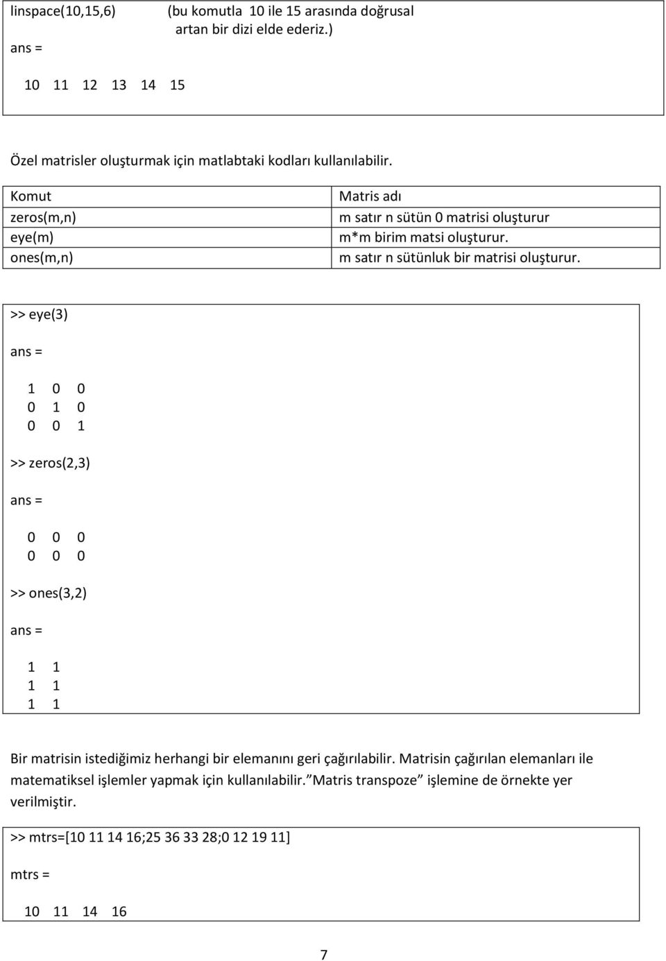 Komut zeros(m,n) eye(m) ones(m,n) Matris adı m satır n sütün matrisi oluşturur m*m birim matsi oluşturur. m satır n sütünluk bir matrisi oluşturur.