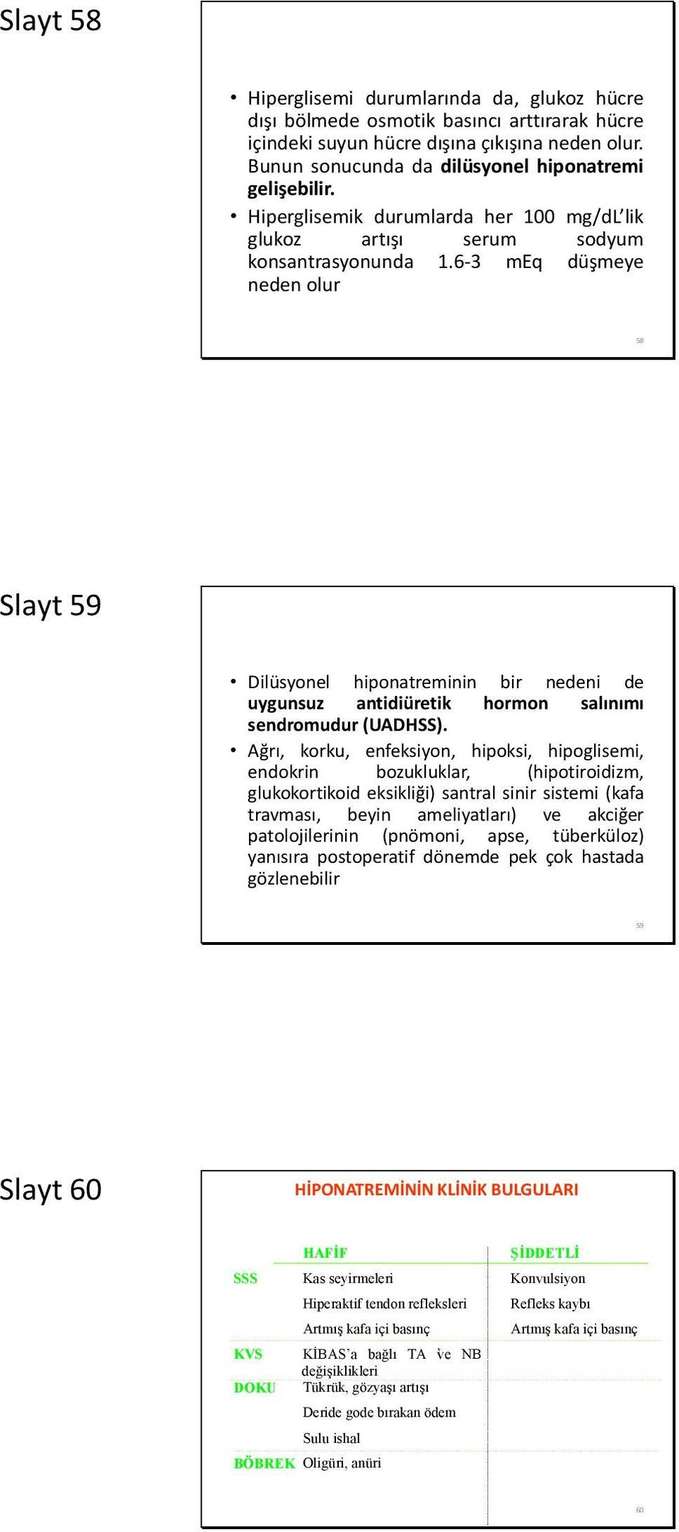6-3 meq düşmeye neden olur 58 Slayt 59 Dilüsyonel hiponatreminin bir nedeni de uygunsuz antidiüretik hormon salınımı sendromudur (UADHSS).