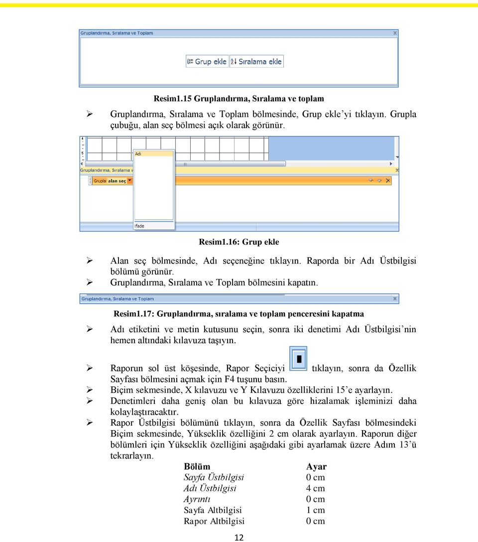 17: Gruplandırma, sıralama ve toplam penceresini kapatma Adı etiketini ve metin kutusunu seçin, sonra iki denetimi Adı Üstbilgisi nin hemen altındaki kılavuza taşıyın.