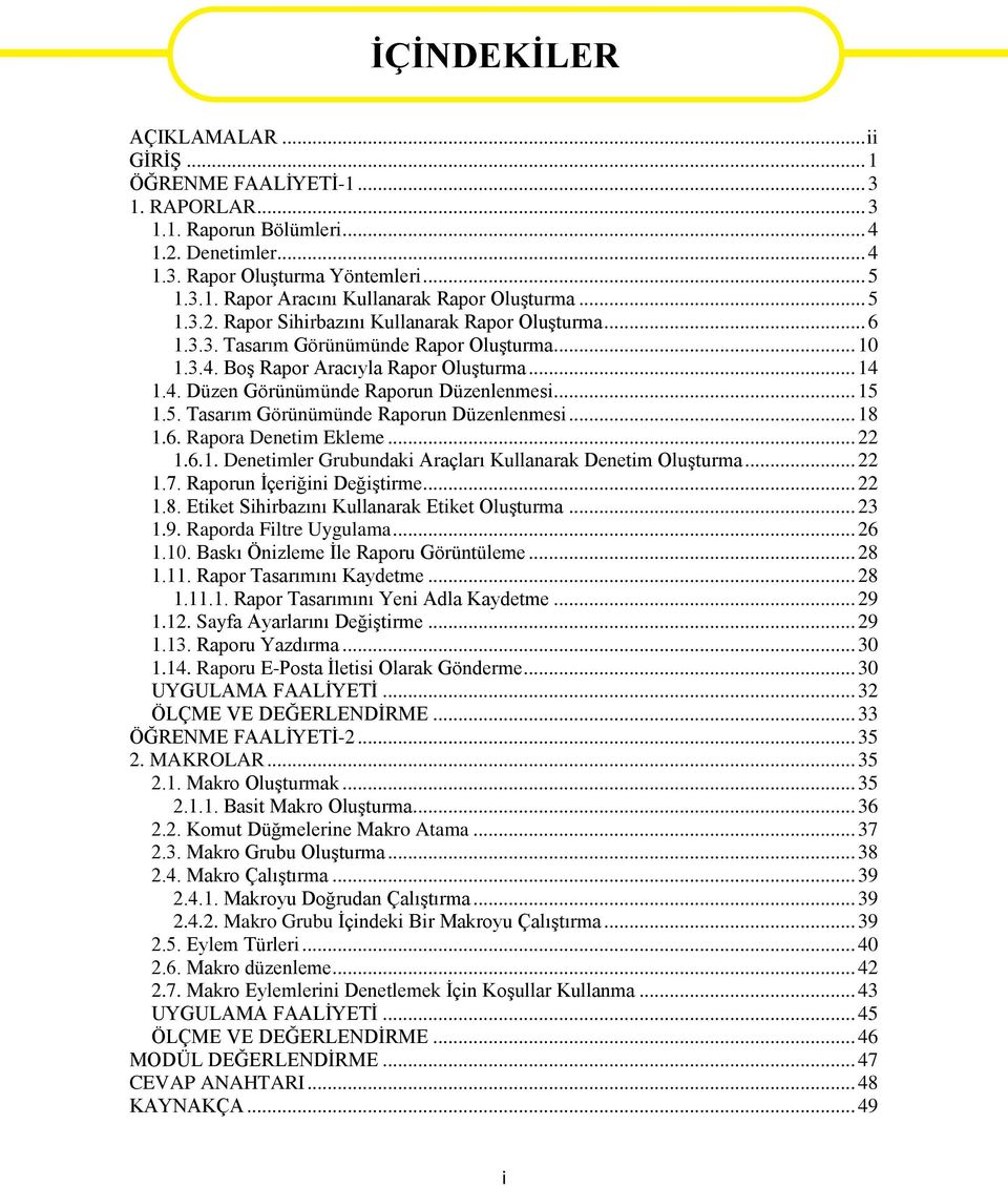 .. 15 1.5. Tasarım Görünümünde Raporun Düzenlenmesi... 18 1.6. Rapora Denetim Ekleme... 22 1.6.1. Denetimler Grubundaki Araçları Kullanarak Denetim Oluşturma... 22 1.7. Raporun İçeriğini Değiştirme.