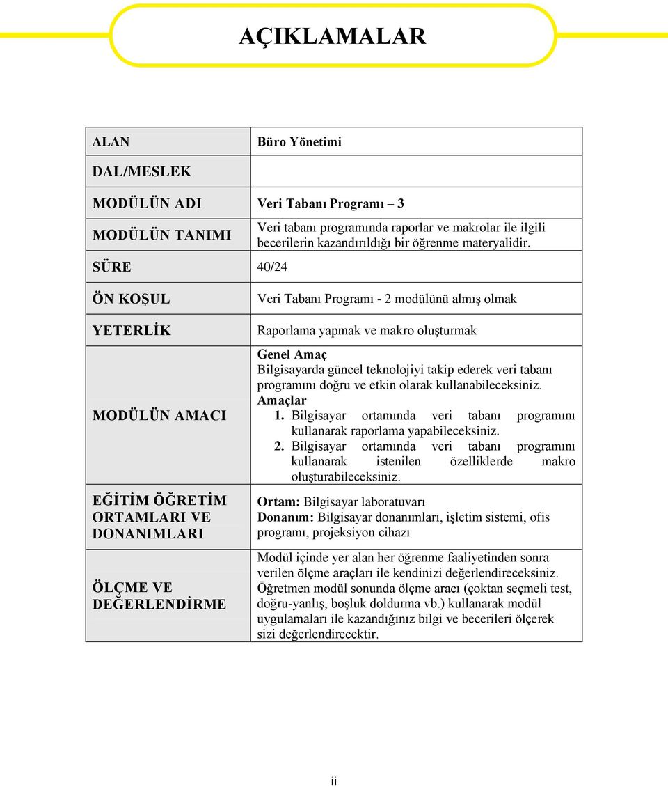 ÖN KOŞUL YETERLİK MODÜLÜN AMACI EĞİTİM ÖĞRETİM ORTAMLARI VE DONANIMLARI ÖLÇME VE DEĞERLENDİRME Veri Tabanı Programı - 2 modülünü almış olmak Raporlama yapmak ve makro oluşturmak Genel Amaç