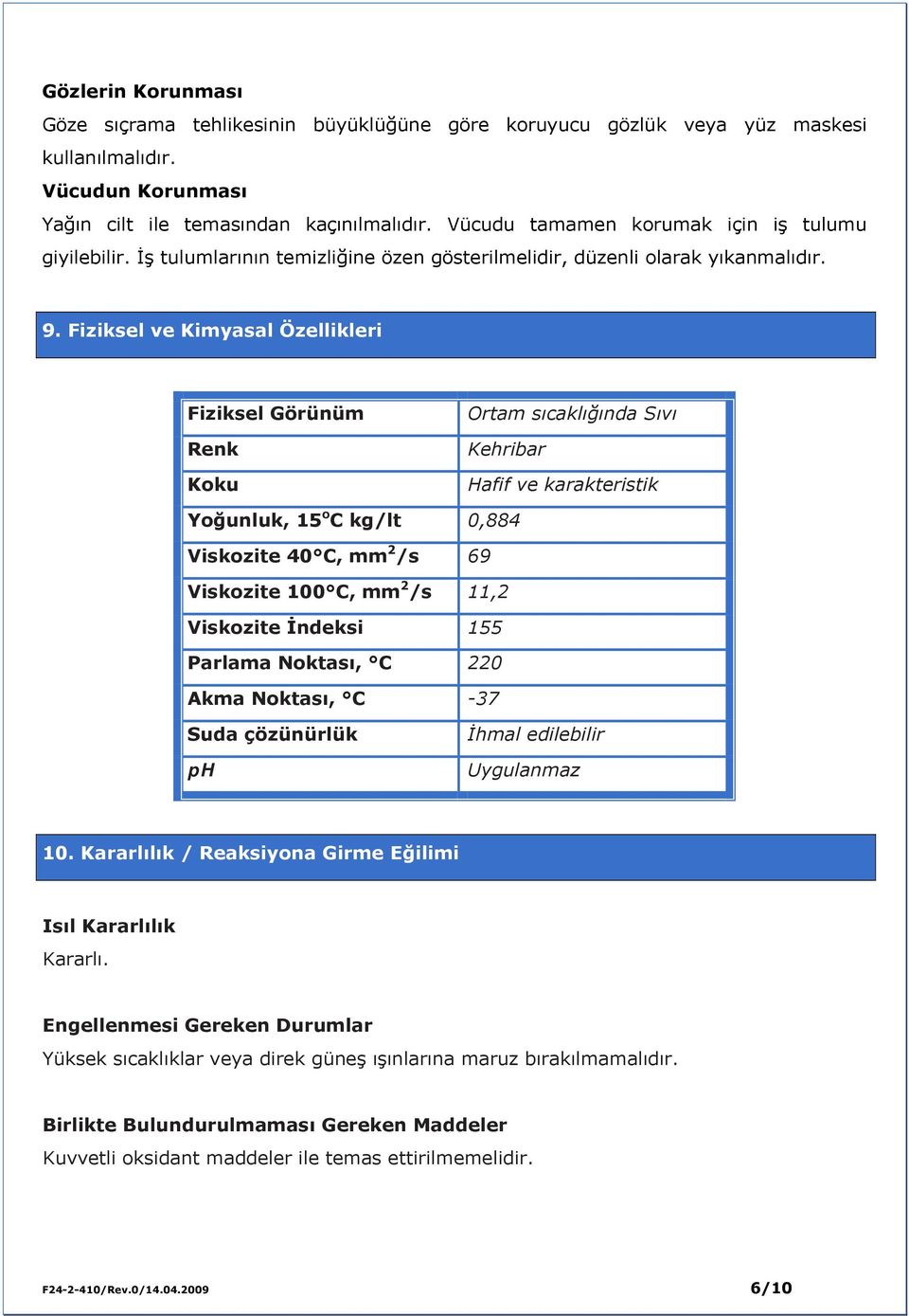 Fiziksel ve Kimyasal Özellikleri Fiziksel Görünüm Renk Koku Ortam sıcaklığında Sıvı Kehribar Hafif ve karakteristik Yoğunluk, 15 o C kg/lt 0,884 Viskozite 40 C, mm 2 /s 69 Viskozite 100 C, mm 2 /s