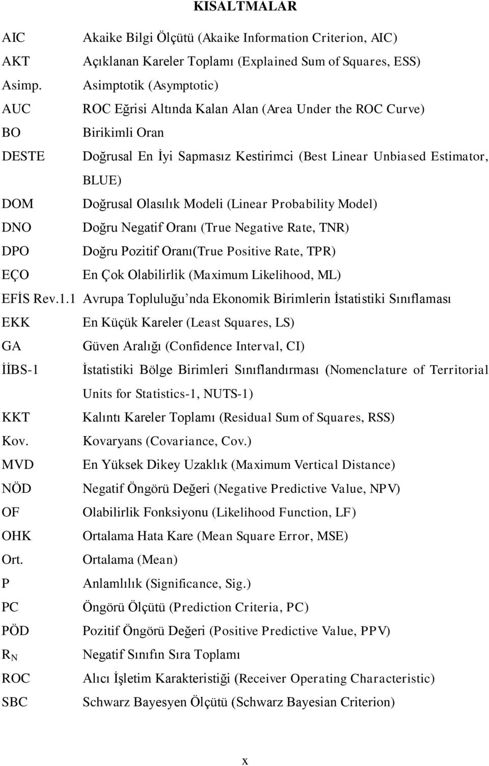 Olasılık Modeli (Linear Probability Model) DNO Doğru Negatif Oranı (True Negative Rate, TNR) DPO Doğru Pozitif Oranı(True Positive Rate, TPR) EÇO En Çok Olabilirlik (Maximum Likelihood, ML) EFİS Rev.