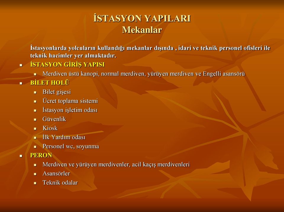 İSTASYON GİRİŞ YAPISI Merdiven üstü kanopi, normal merdiven, yürüyen merdiven ve Engelli asansörü BİLET HOLÜ Bilet