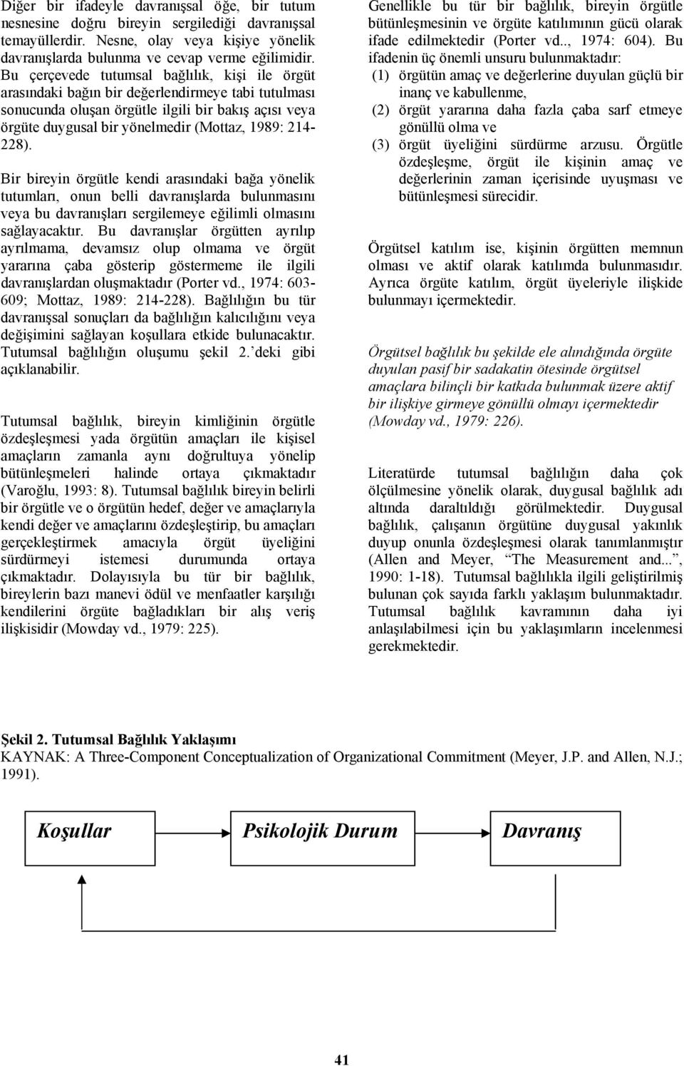 214-228). Bir bireyin örgütle kendi arasındaki bağa yönelik tutumları, onun belli davranışlarda bulunmasını veya bu davranışları sergilemeye eğilimli olmasını sağlayacaktır.