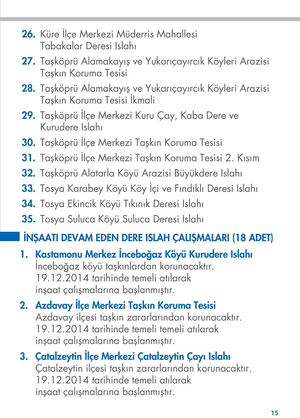 Taşköprü İlçe Merkezi Taşkın Koruma Tesisi 2. Kısım 32. Taşköprü Alatarla Köyü Arazisi Büyükdere Islahı 33. Tosya Karabey Köyü Köy İçi ve Fındıklı Deresi Islahı 34.