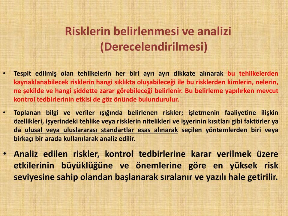 Toplanan bilgi ve veriler ışığında belirlenen riskler; işletmenin faaliyetine ilişkin özellikleri, işyerindeki tehlike veya risklerin nitelikleri ve işyerinin kısıtları gibi faktörler ya da ulusal