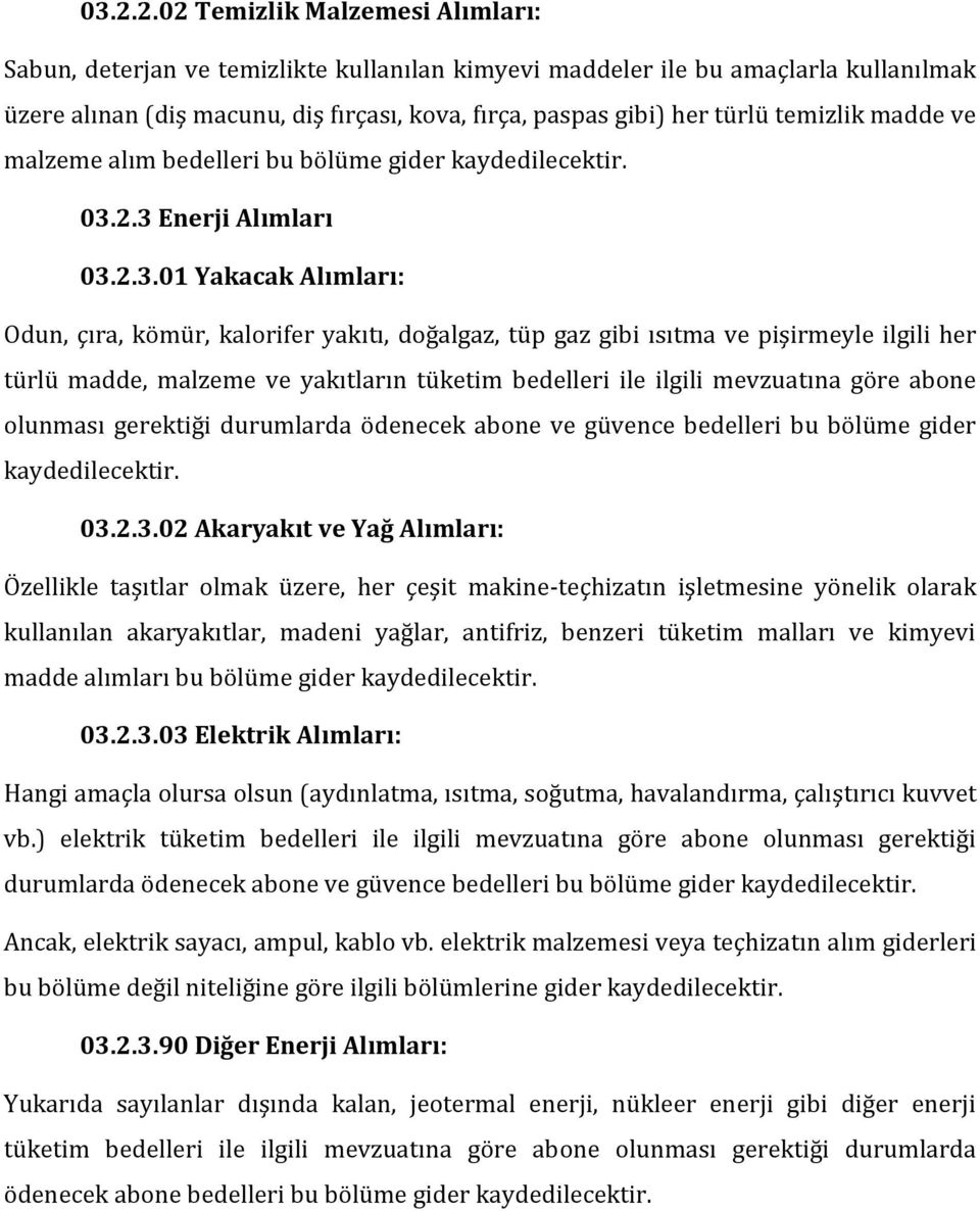 2.3 Enerji Alımları 03.2.3.01 Yakacak Alımları: Odun, çıra, kömür, kalorifer yakıtı, doğalgaz, tüp gaz gibi ısıtma ve pişirmeyle ilgili her türlü madde, malzeme ve yakıtların tüketim bedelleri ile