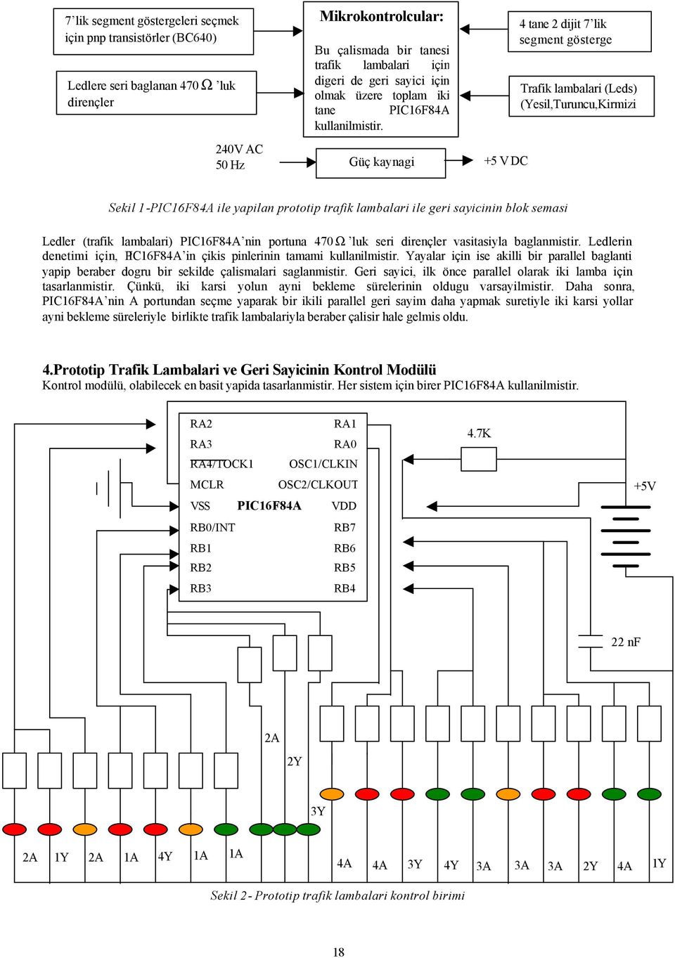 Güç kaynagi +5 V DC 4 tane 2 dijit 7 lik segment gösterge Trafik lambalari (Leds) (Yesil,Turuncu,Kirmizi Sekil 1-PIC16F84A ile yapilan prototip trafik lambalari ile geri sayicinin blok semasi Ledler