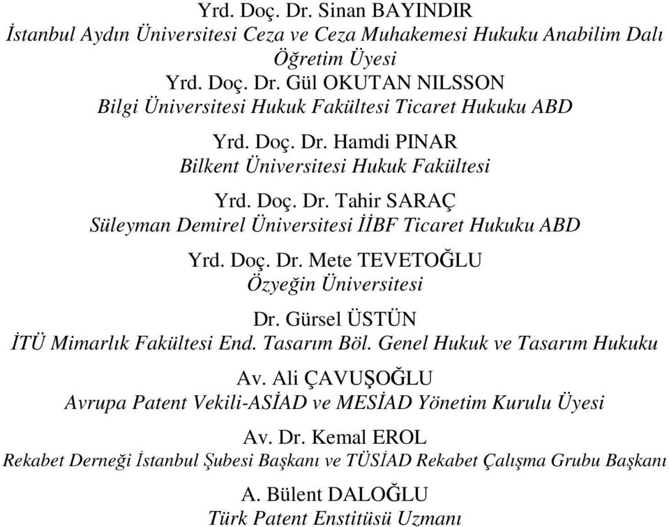 Gürsel ÜSTÜN İTÜ Mimarlık Fakültesi End. Tasarım Böl. Genel Hukuk ve Tasarım Hukuku Av. Ali ÇAVUŞOĞLU Avrupa Patent Vekili-ASİAD ve MESİAD Yönetim Kurulu Üyesi Av. Dr.