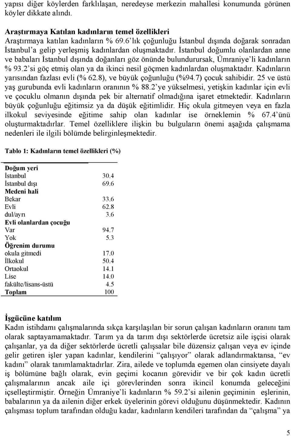 İstanbul doğumlu olanlardan anne ve babaları İstanbul dışında doğanları göz önünde bulundurursak, Ümraniye li kadınların % 93.2 si göç etmiş olan ya da ikinci nesil göçmen kadınlardan oluşmaktadır.