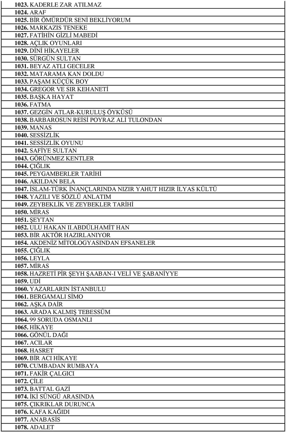 BARBAROSUN REİSİ POYRAZ ALİ TULONDAN 1039. MANAS 1040. SESSİZLİK 1041. SESSİZLİK OYUNU 1042. SAFİYE SULTAN 1043. GÖRÜNMEZ KENTLER 1044. ÇIĞLIK 1045. PEYGAMBERLER TARİHİ 1046. AKILDAN BELA 1047.