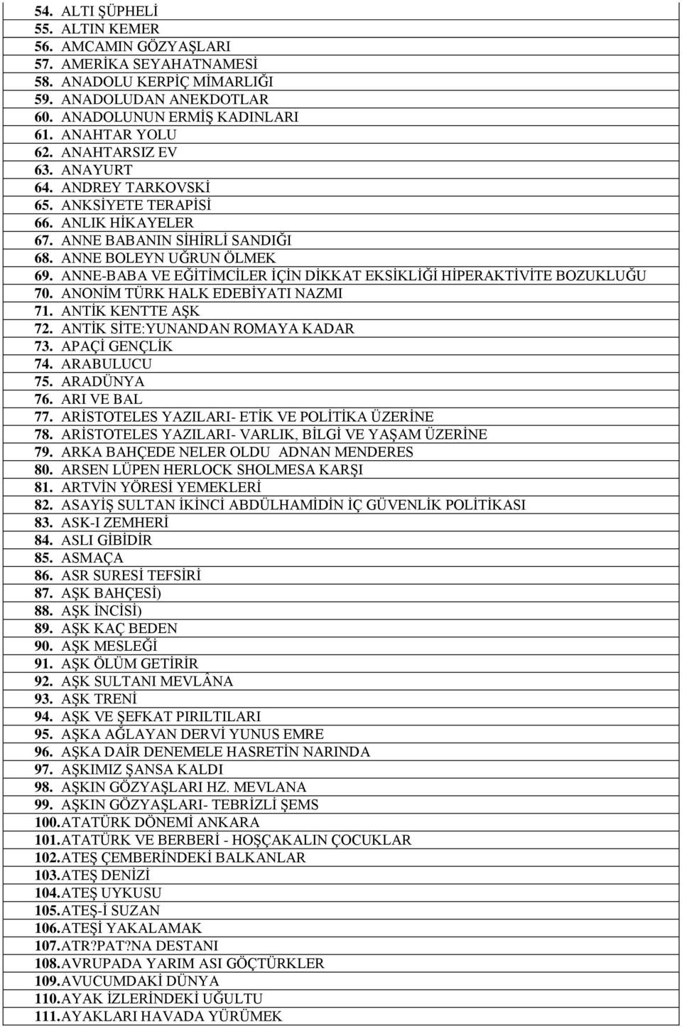 ANNE-BABA VE EĞİTİMCİLER İÇİN DİKKAT EKSİKLİĞİ HİPERAKTİVİTE BOZUKLUĞU 70. ANONİM TÜRK HALK EDEBİYATI NAZMI 71. ANTİK KENTTE AŞK 72. ANTİK SİTE:YUNANDAN ROMAYA KADAR 73. APAÇİ GENÇLİK 74.