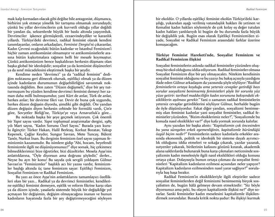 Türkiye deki devrimci, radikal feminist olarak kendini tanımlayanlar, onların arkadaşları, Feminist Dergisi ni çıkaranlar, Kadın Çevresi ocağındaki bütün kadınlar ve İstanbul Feminizm i hiçbir zaman