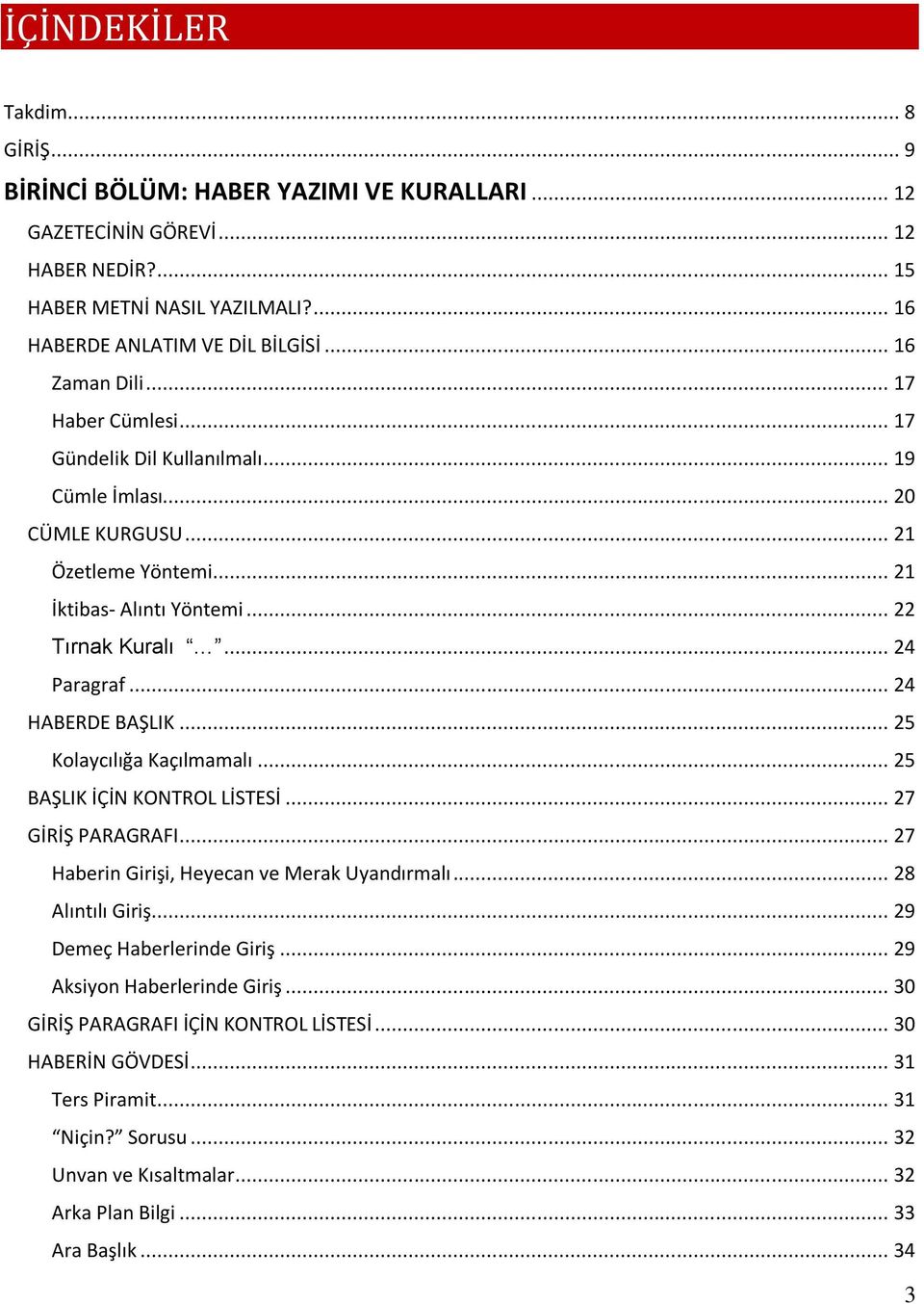 .. 24 HABERDE BAŞLIK... 25 Kolaycılığa Kaçılmamalı... 25 BAŞLIK İÇİN KONTROL LİSTESİ... 27 GİRİŞ PARAGRAFI... 27 Haberin Girişi, Heyecan ve Merak Uyandırmalı... 28 Alıntılı Giriş.