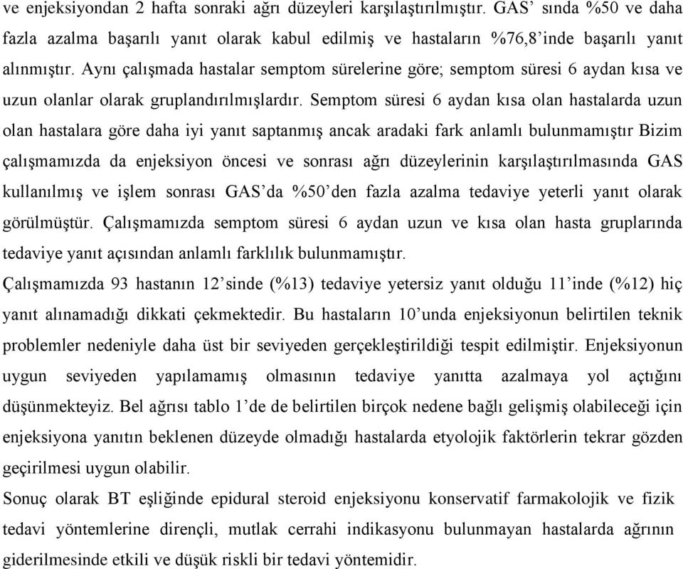 Semptom süresi 6 aydan kısa olan hastalarda uzun olan hastalara göre daha iyi yanıt saptanmış ancak aradaki fark anlamlı bulunmamıştır Bizim çalışmamızda da enjeksiyon öncesi ve sonrası ağrı